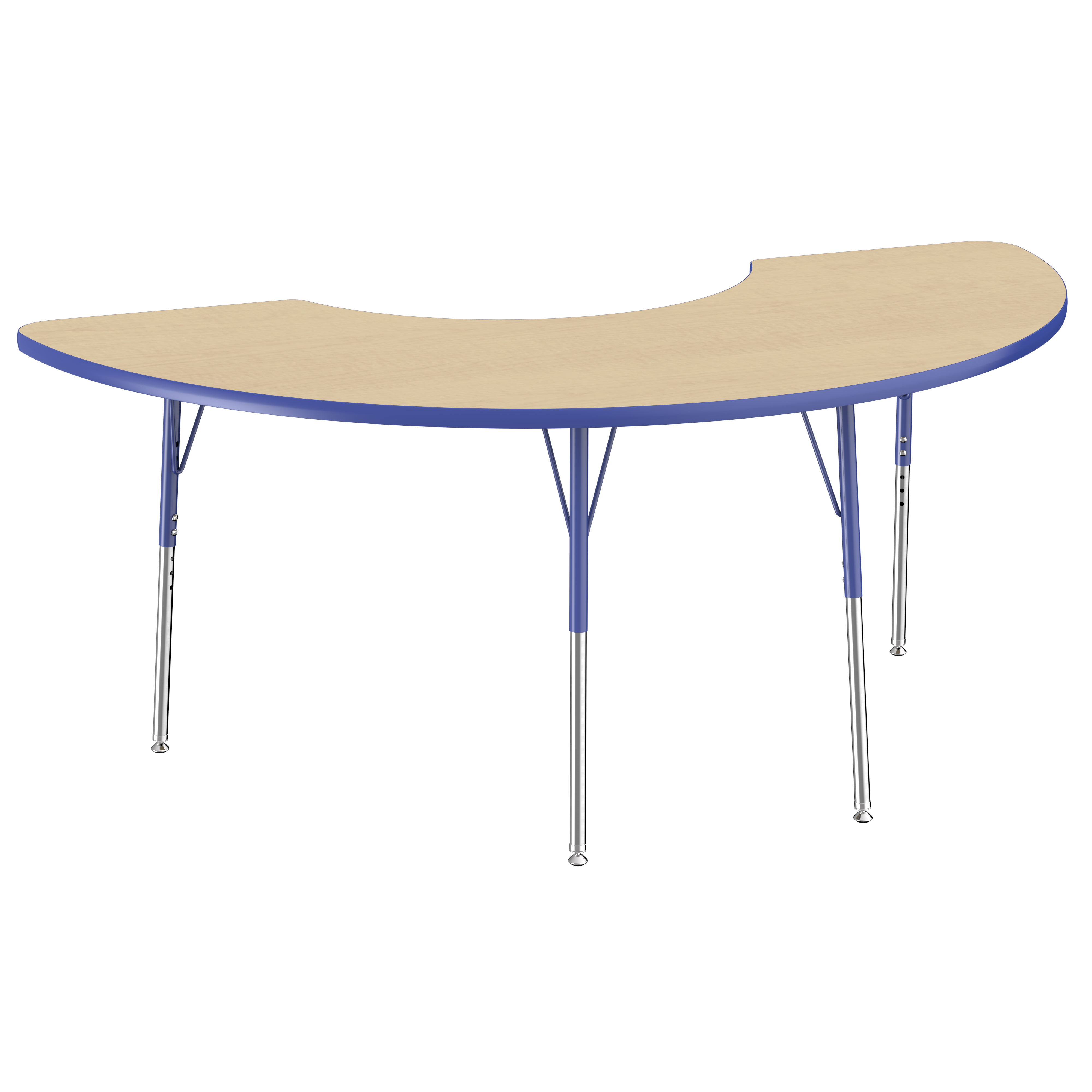 36" x 72" Half Moon T-Molding Activity Table with Adjustable Standard Swivel Glide Legs - Maple/Blue