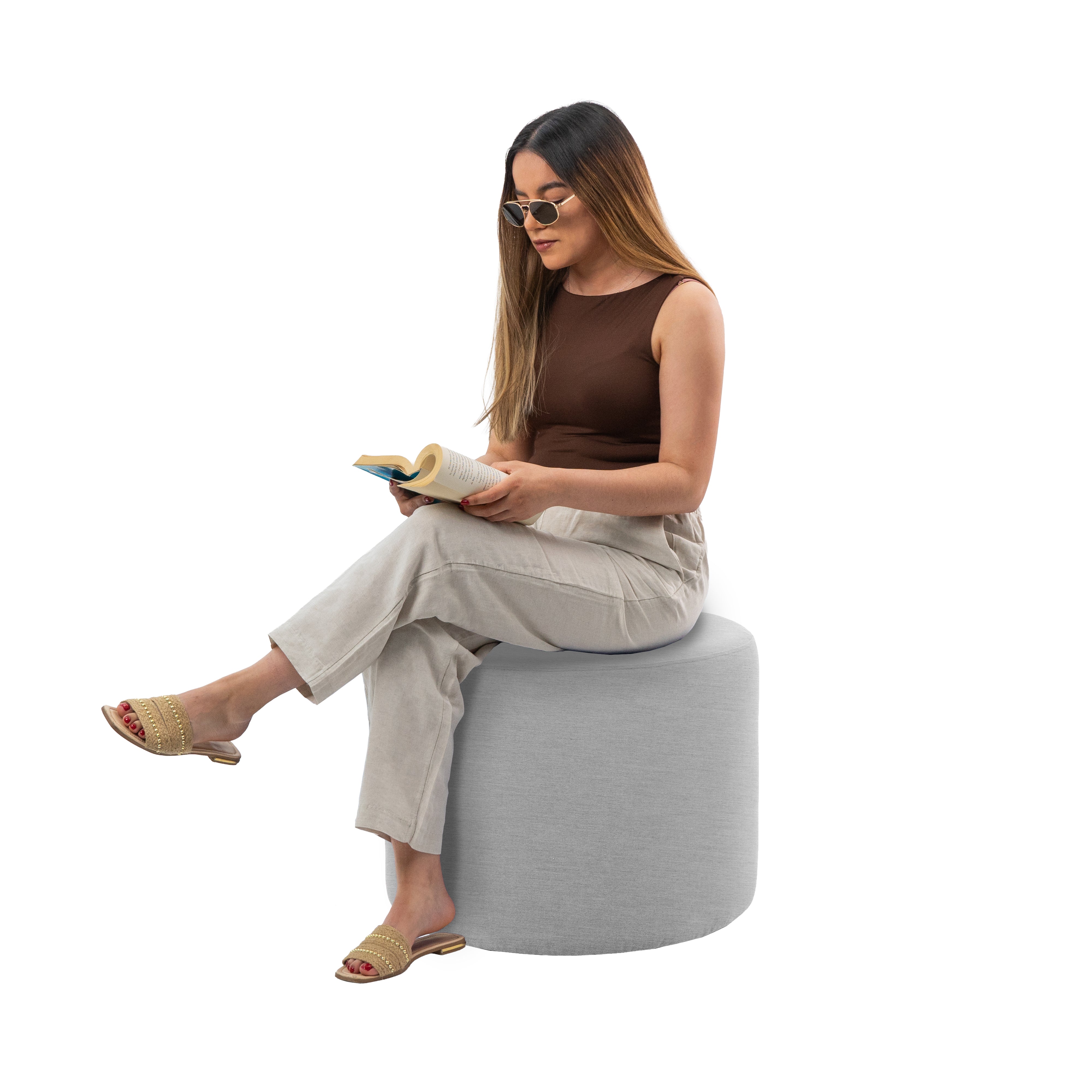 Outdoor 24" Round Ottoman with Sunbrella®, 18" H - Canvas Granite