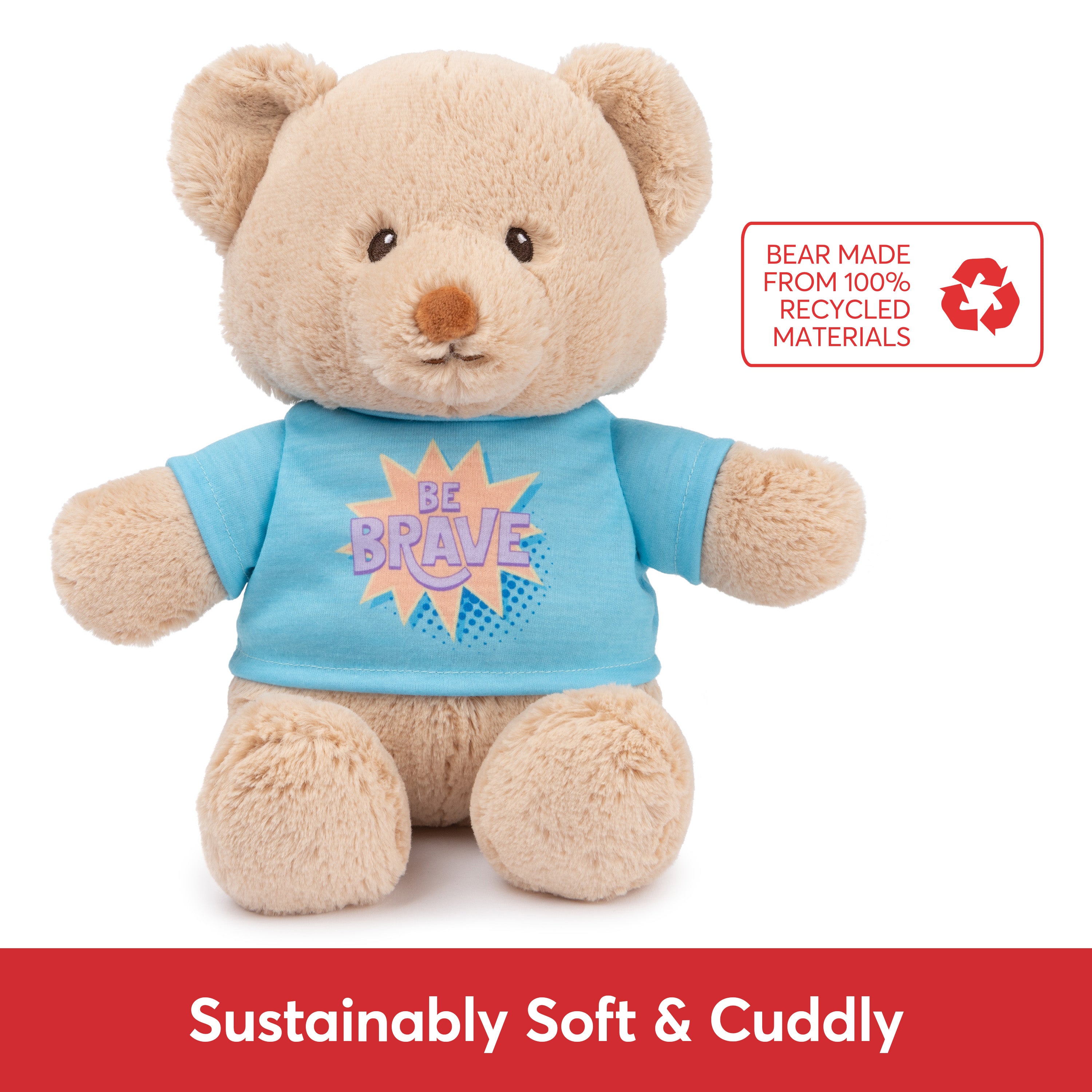 GUND “Be Brave” Sustainable Message Bear with Blue T-Shirt, Teddy Bear Made from 100% Recycled Materials for Ages 1 and Up, Tan, 12”