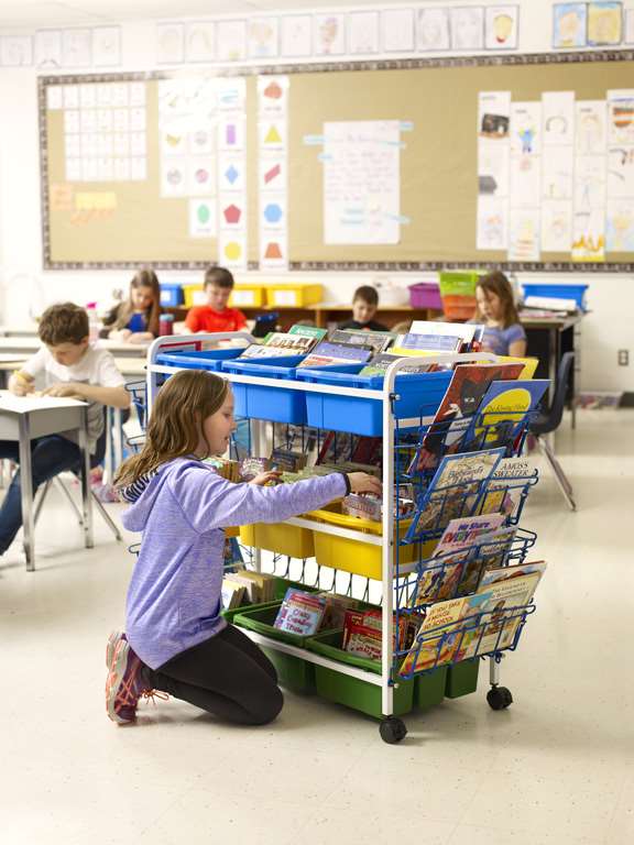 Deluxe Book Browser Cart with Book Displays, 6 Divided & 3 Open Tubs - 36 1/2"(93cm) H x 49"(124cm) W x 21"(53cm) D