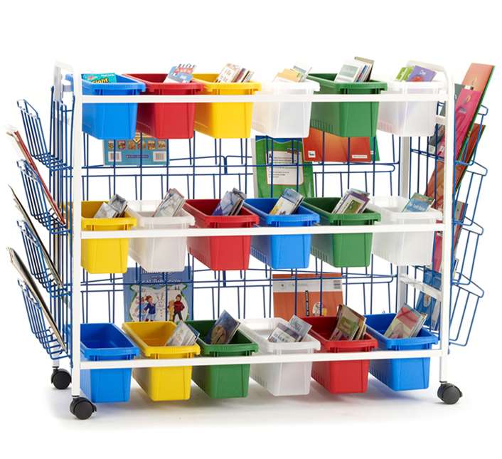 Deluxe Book Browser Cart with Book Displays & 18 Small Tubs - 36 1/2"(93 cm) H x 49"(124cm) W x 21"(53cm)