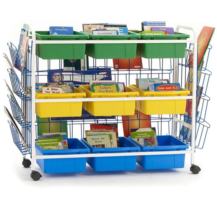 Deluxe Book Browser Cart with Book Displays, 6 Divided & 3 Open Tubs - 36 1/2"(93cm) H x 49"(124cm) W x 21"(53cm) D