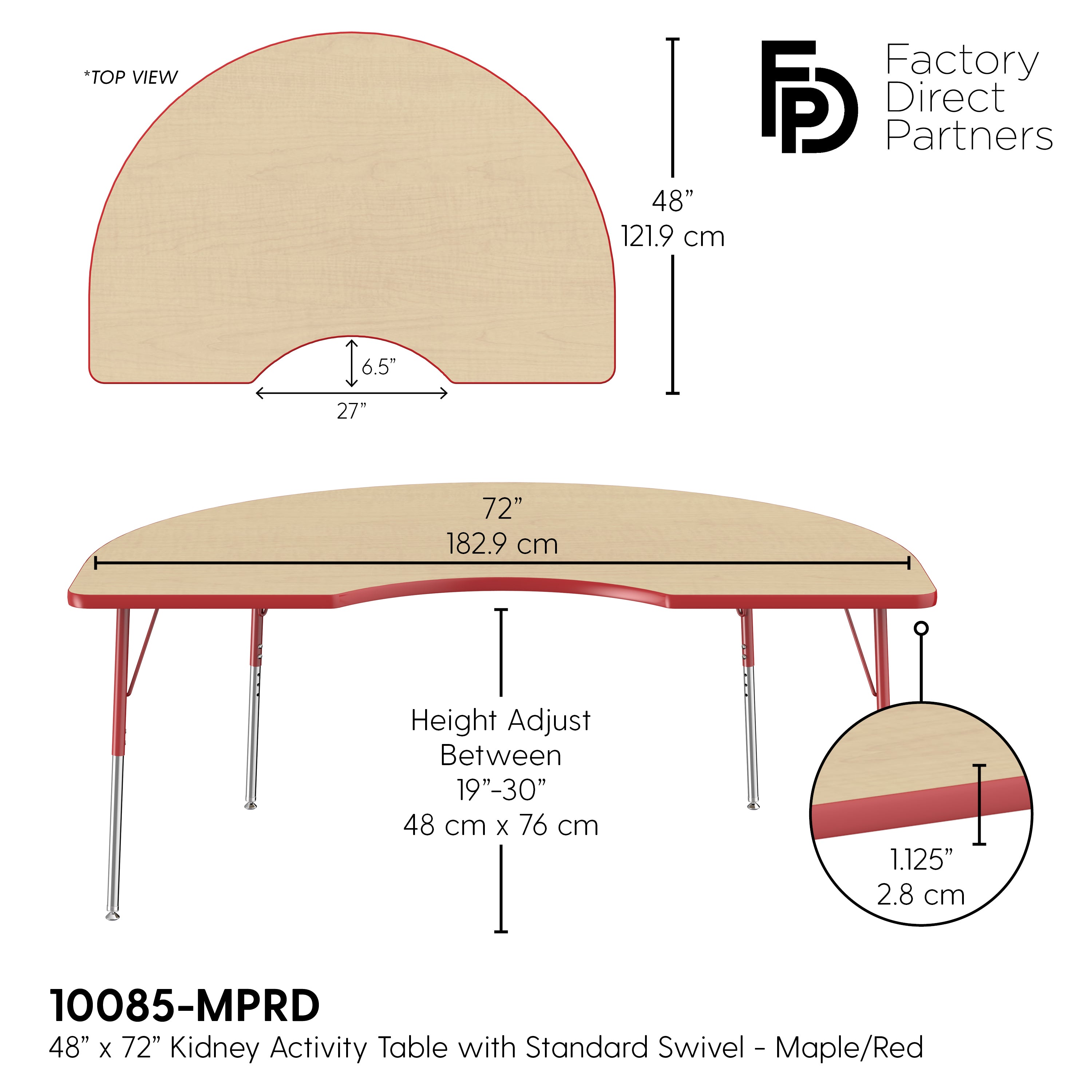 48" x 72" Kidney T-Molding Activity Table with Adjustable Standard Swivel Glide Legs - Maple/Red