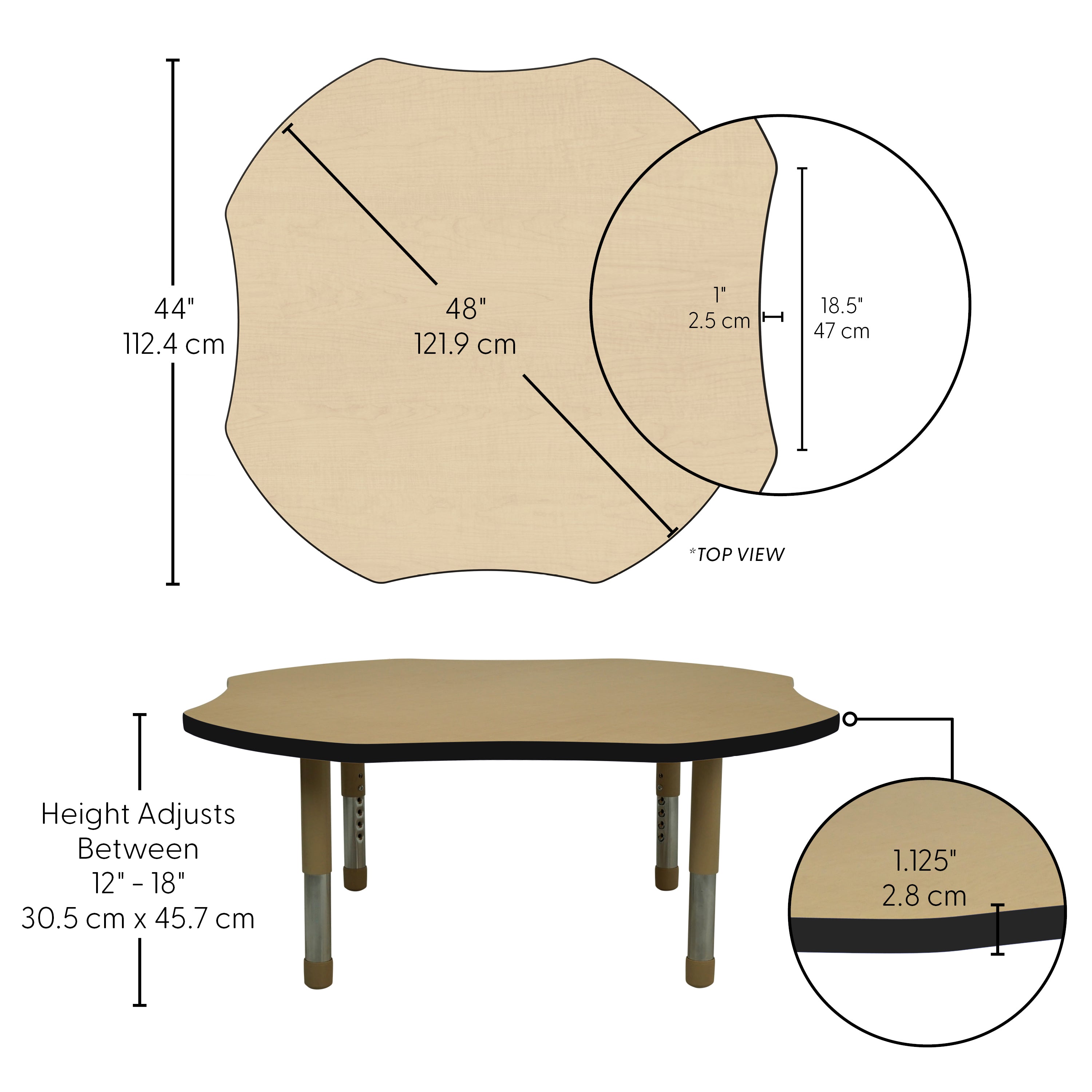 48" x 48" Clover T-Molding Activity Table with Adjustable Tiny Tot Legs - Maple/Black/Sand