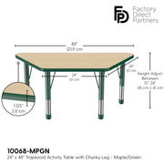 24" x 48" Trapezoid T-Molding Activity Table with Adjustable Chunky Legs - Maple/Green