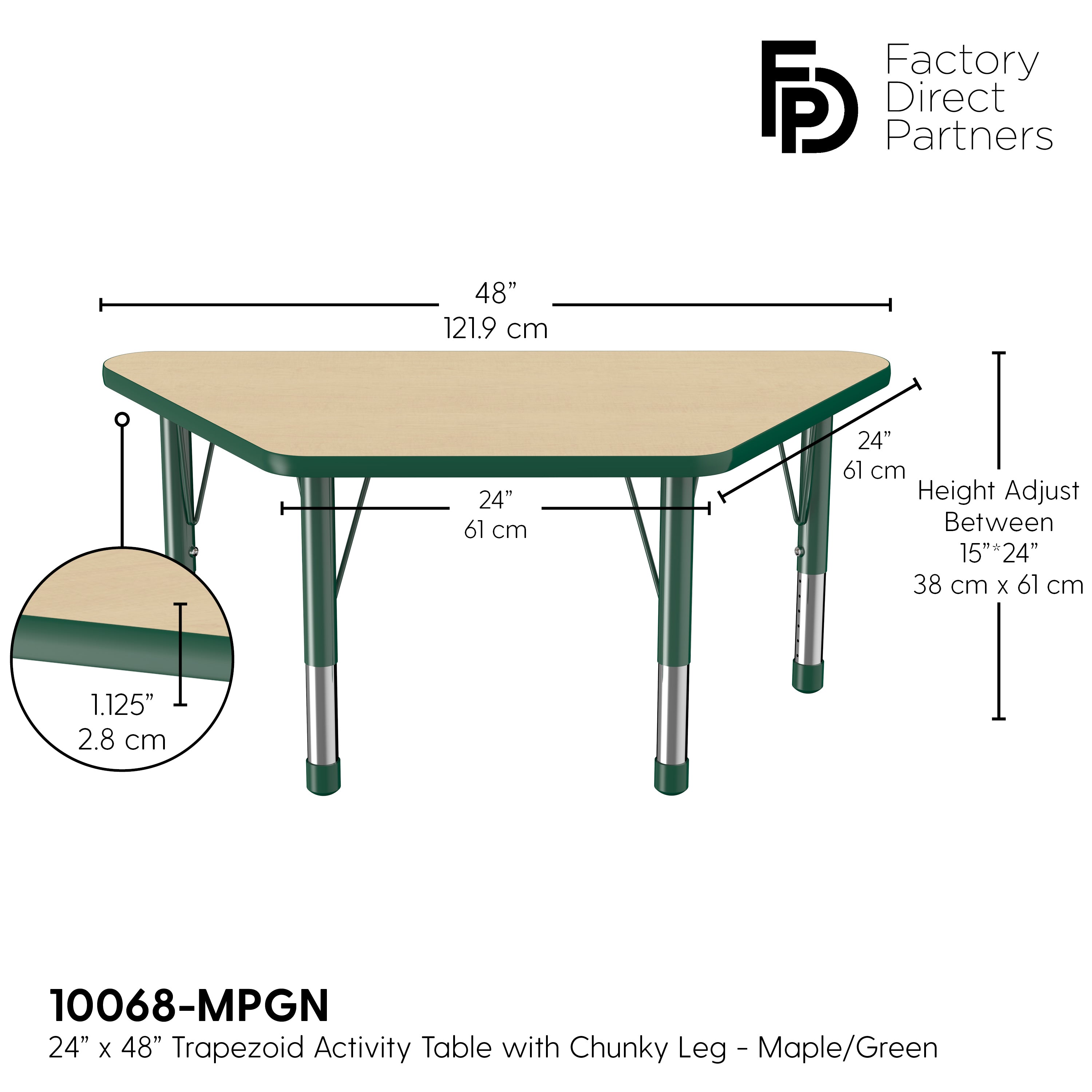 24" x 48" Trapezoid T-Molding Activity Table with Adjustable Chunky Legs - Maple/Green