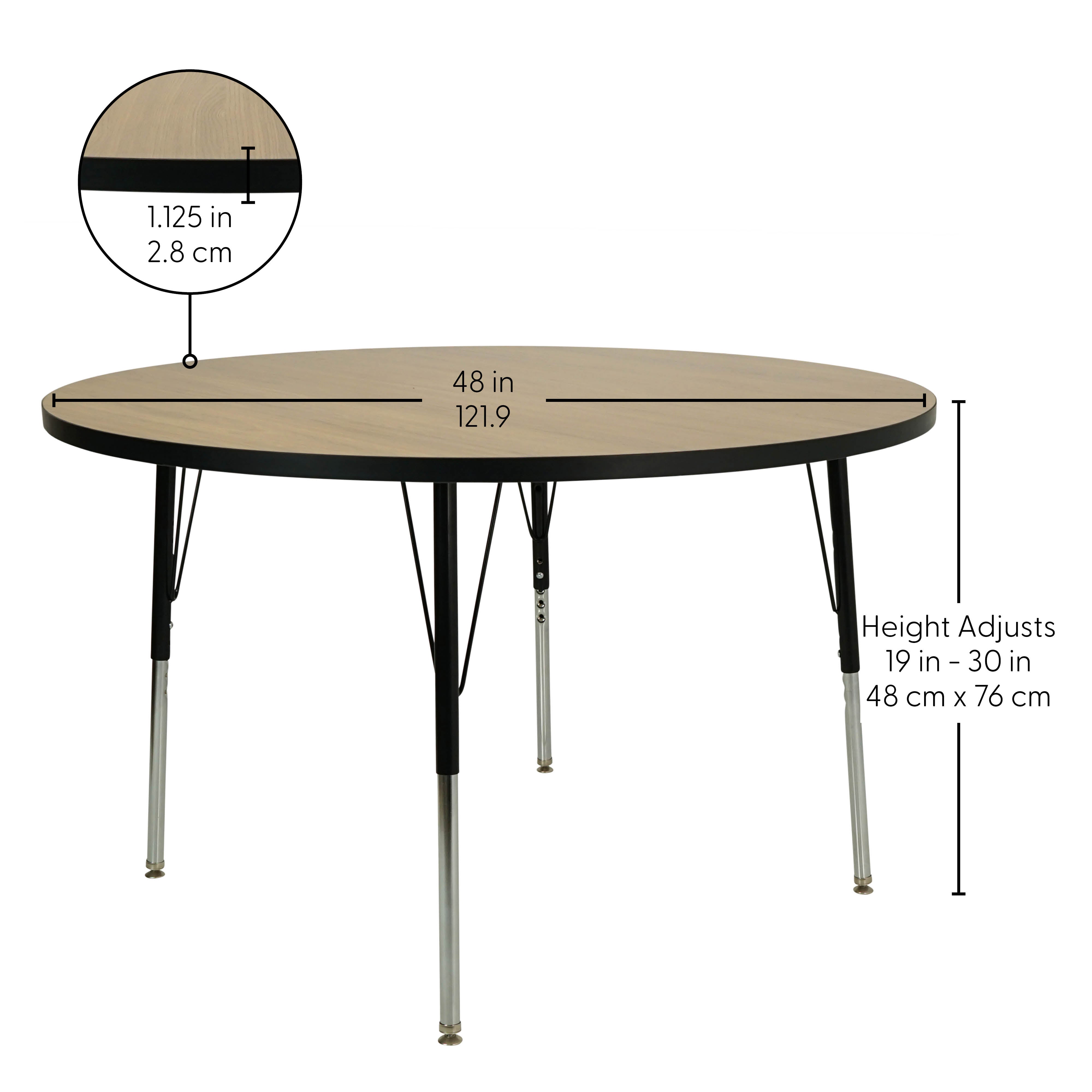 48" Round Thermofused Activity Table with Adjustable Standard Swivel Glide Legs - Pasadena Oak/Black