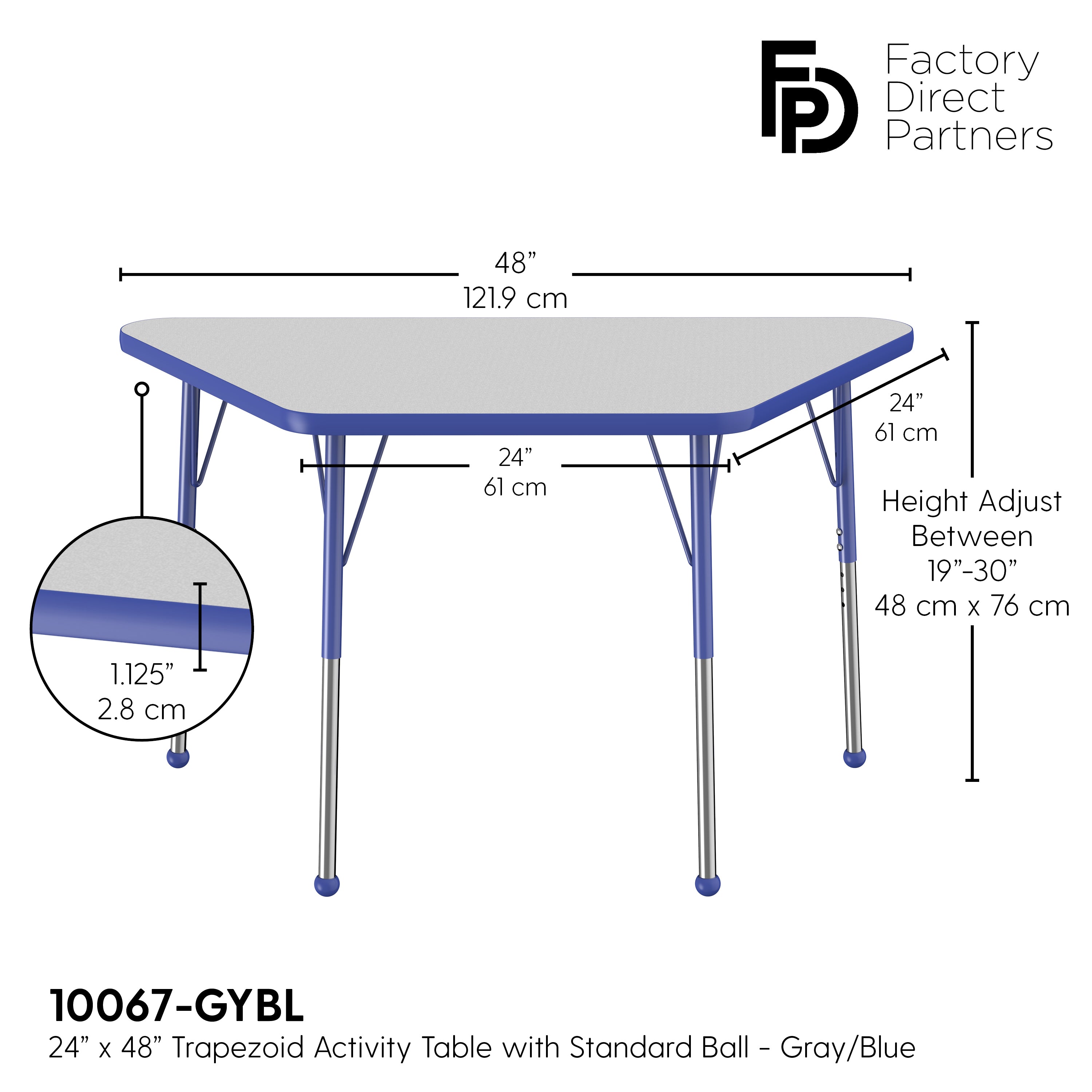 24" x 48" Trapezoid T-Molding Activity Table with Adjustable Standard Ball Glide Legs - Gray/Blue