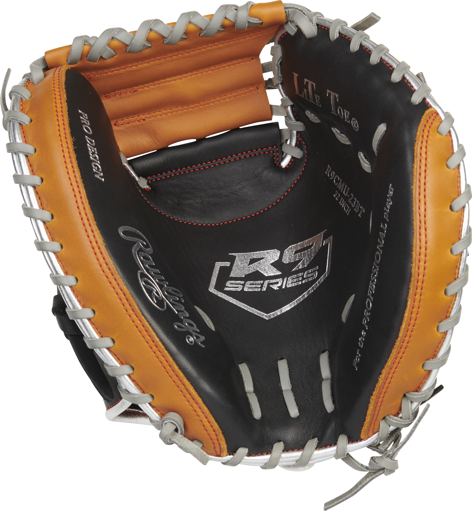 Rawlings R9 Baseball Contour Series Catchers Mitt 32-Inch Baseball Glove  - Right Hand Thrower - Black/Tan