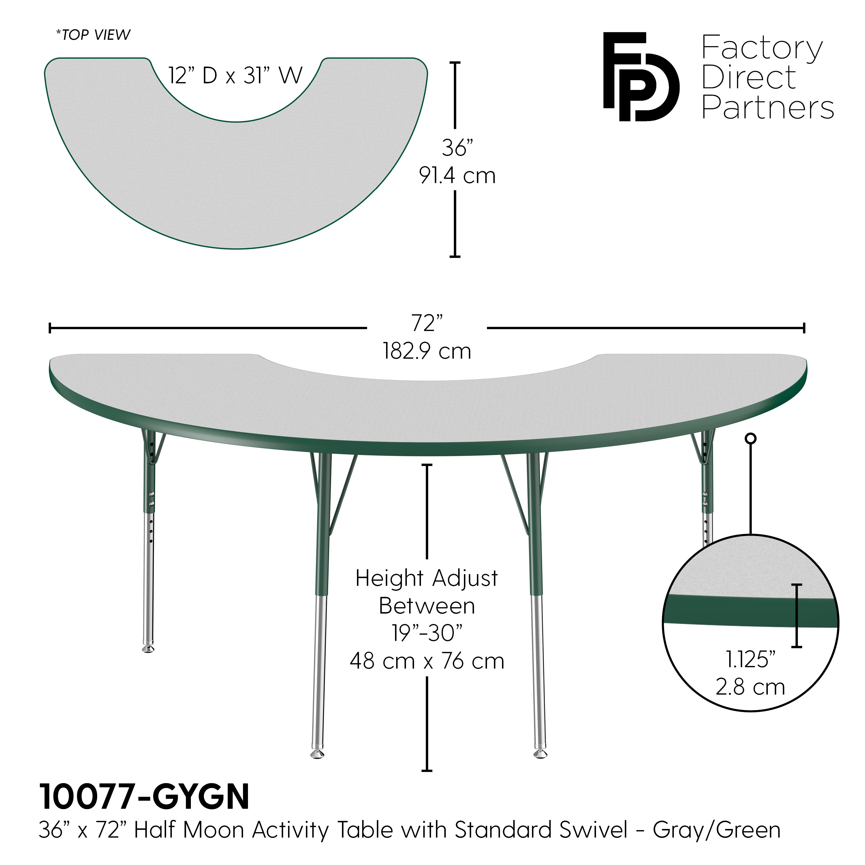 36" x 72" Half Moon T-Molding Activity Table with Adjustable Standard Swivel Glide Legs - Gray/Green