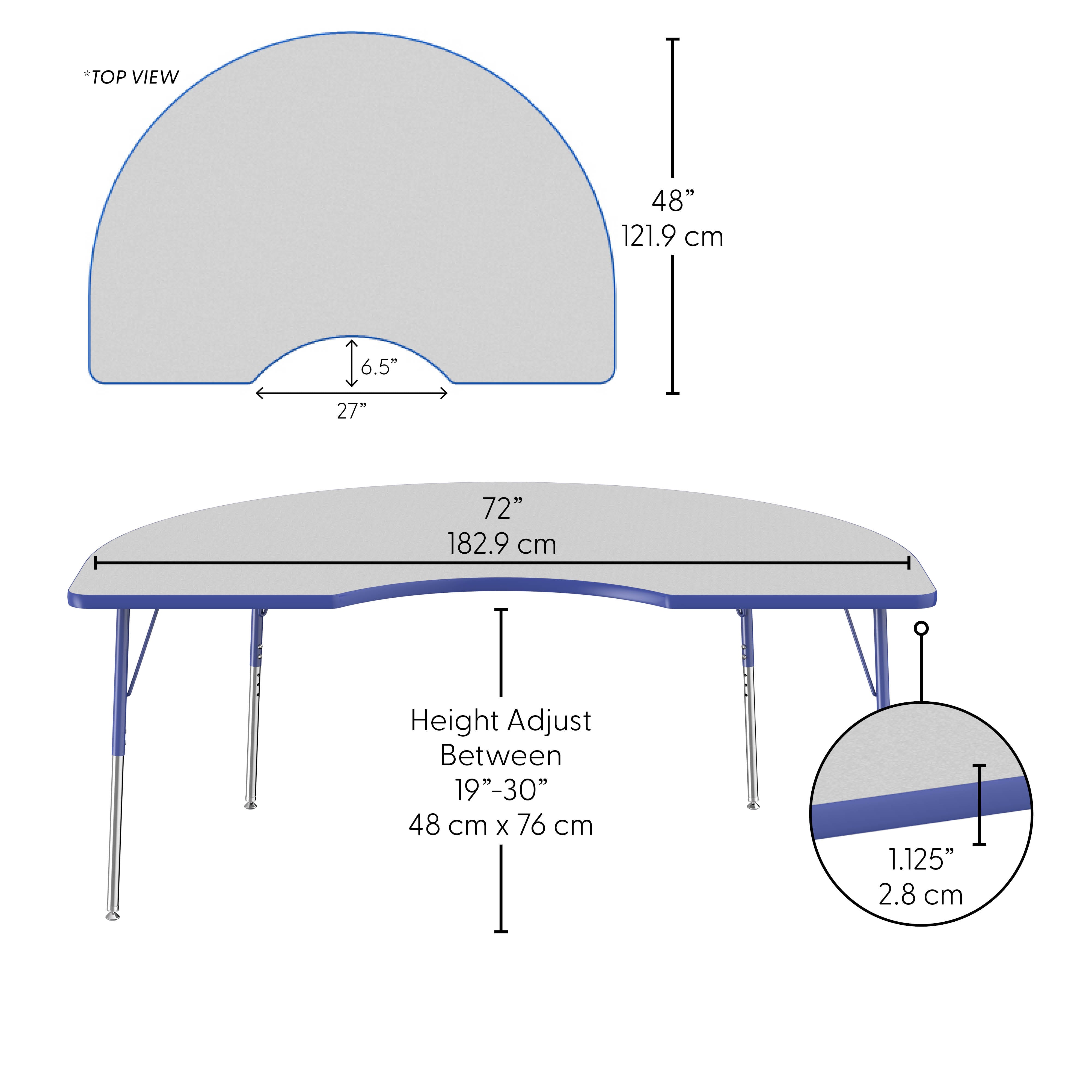 48" x 72" Kidney Thermofused Activity Table with Adjustable Standard Swivel Glide Legs - Gray/Blue