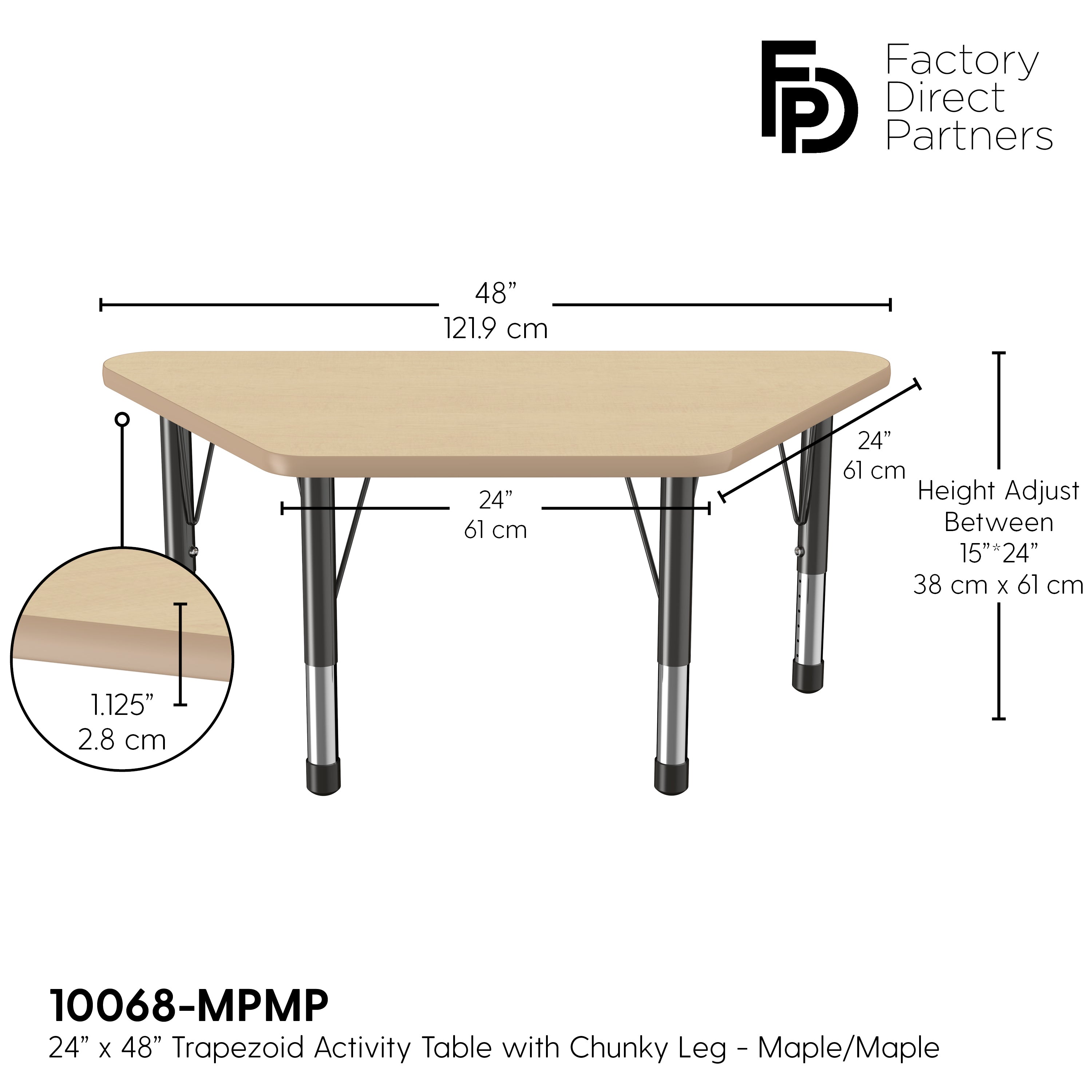 24" x 48" Trapezoid T-Molding Activity Table with Adjustable Chunky Legs - Maple/Maple/Black