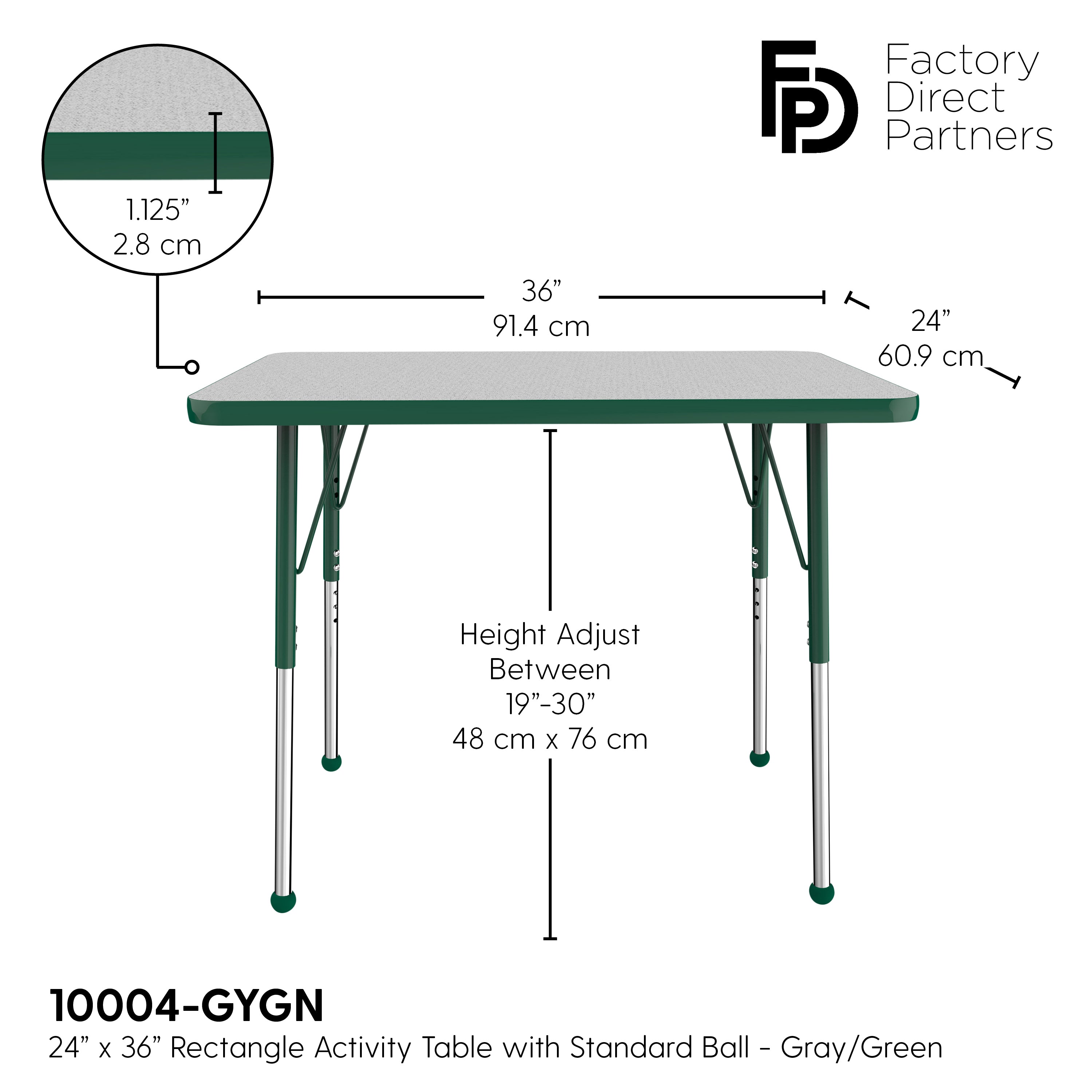 24" x 36" Rectangle T-Molding Activity Table with Adjustable Standard Ball Glide Legs - Gray/Green
