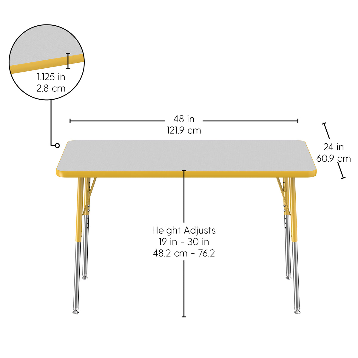 24" x 48" Rectangle T-Molding Activity Table with Adjustable Standard Swivel Glide Legs - Gray/Yellow