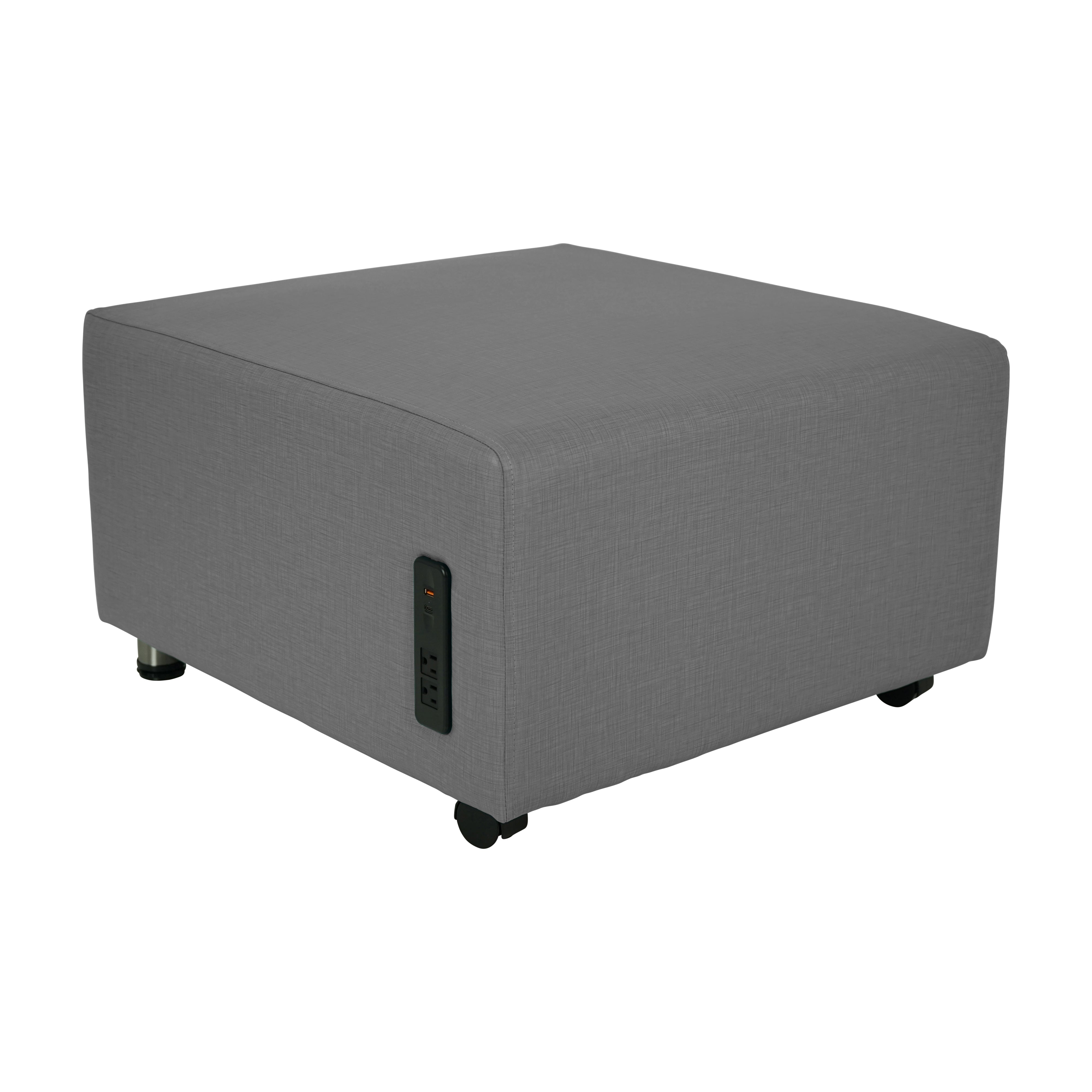 Pro Series Upholstered Square Mobile Ottoman with Tech Panel - Slate Gray Crosshatch