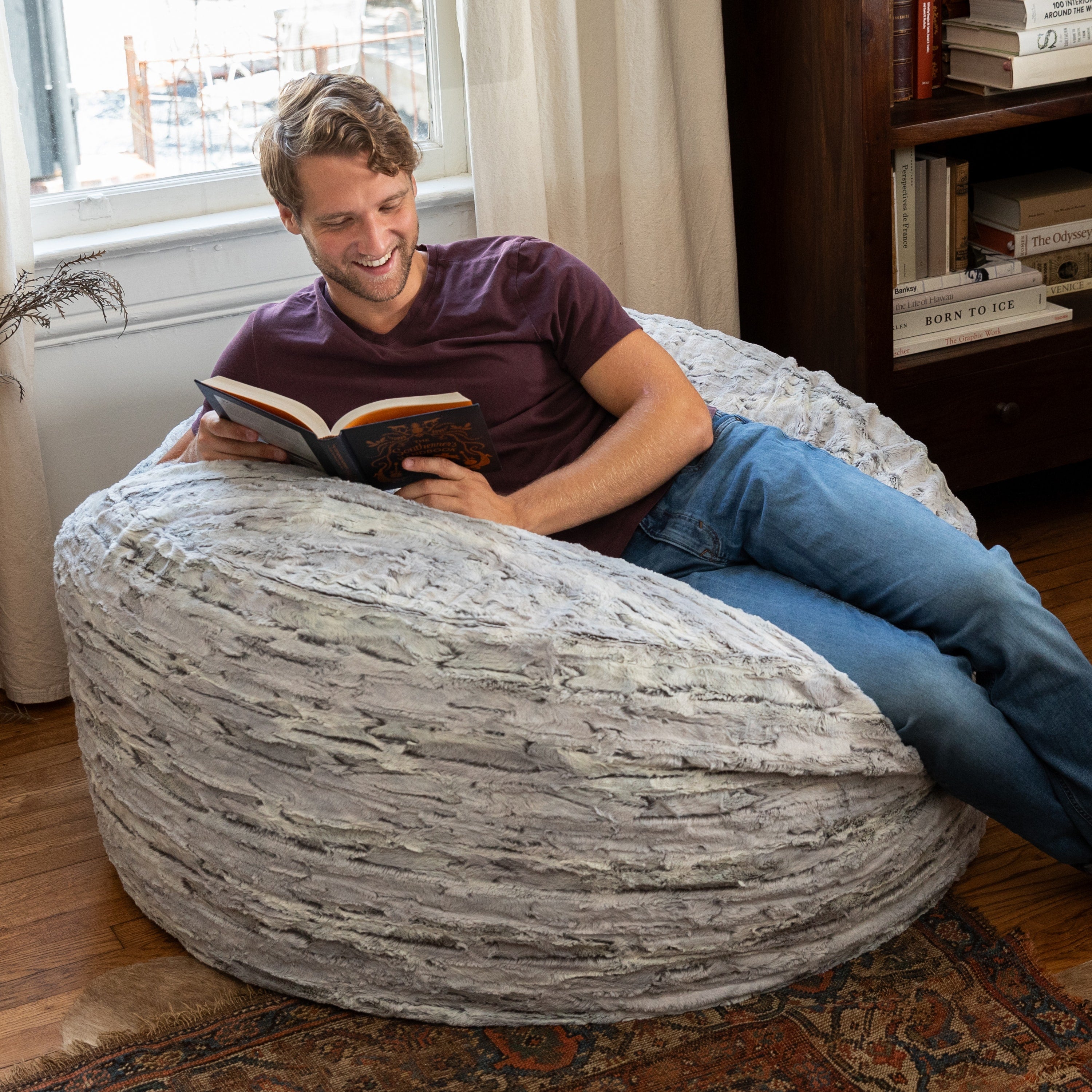 Jaxx Saxx 4 Ft Plush Round Bean Bag - Premium Luxe Faux Fur, Silver Fox