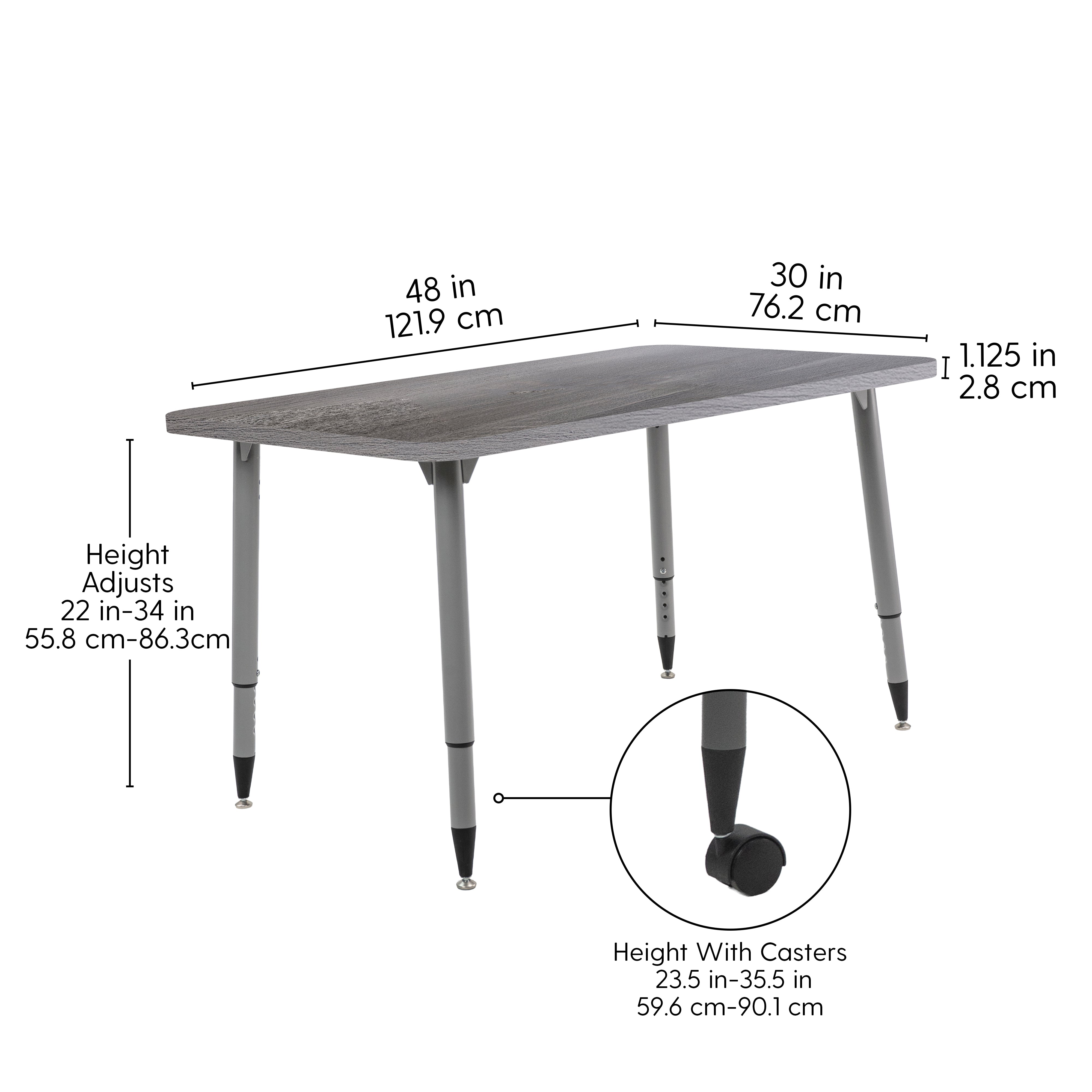 Adapte 30" x 48" Rectangle Woodgrain Activity Table with Adjustable Tapered Legs - Gray Wood/Silver