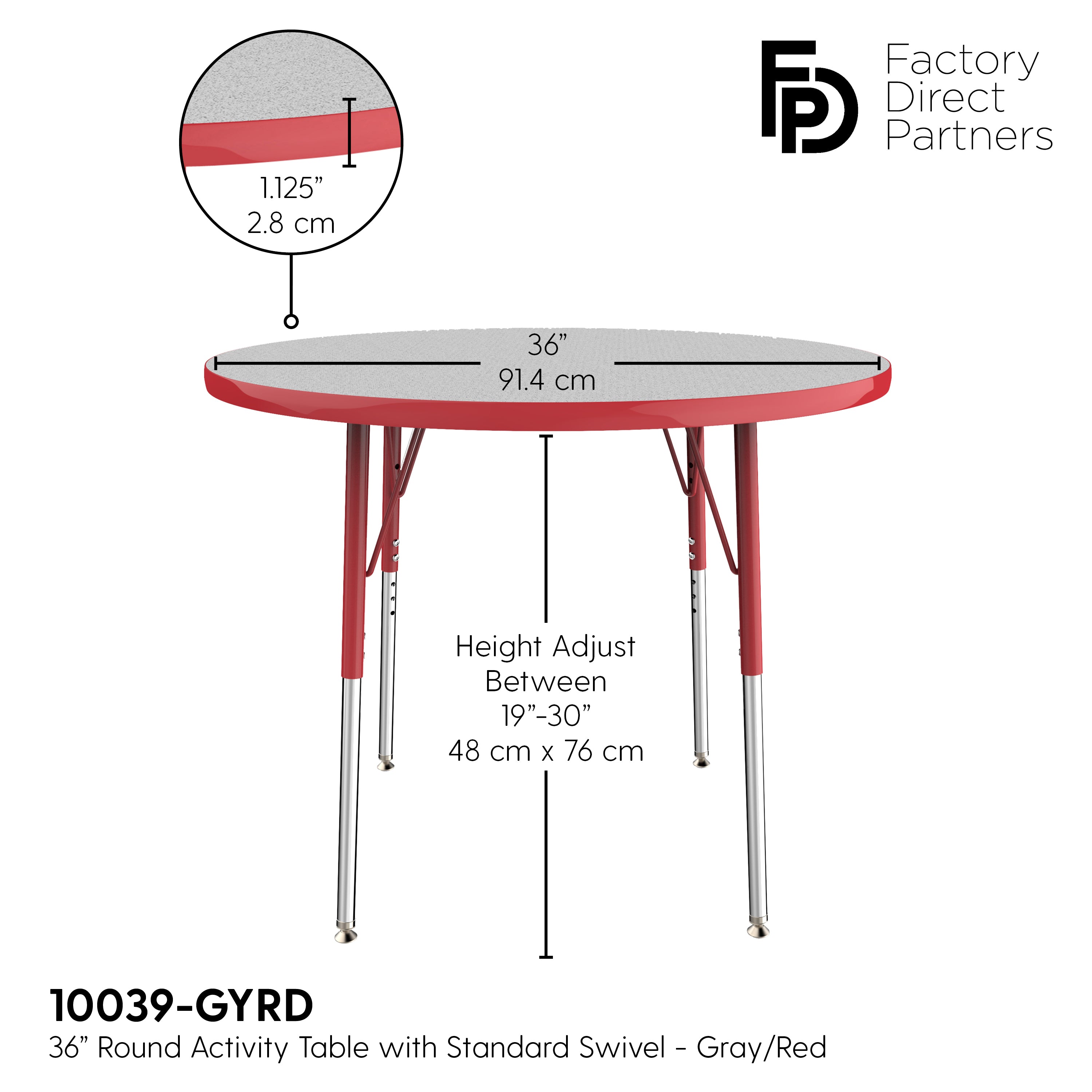 36" Round T-Molding Activity Table with Adjustable Standard Swivel Glide Legs - Gray/Red