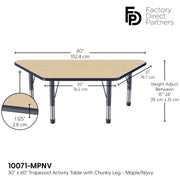 30" x 60" Trapezoid T-Molding Activity Table with Adjustable Chunky Legs - Maple/Navy