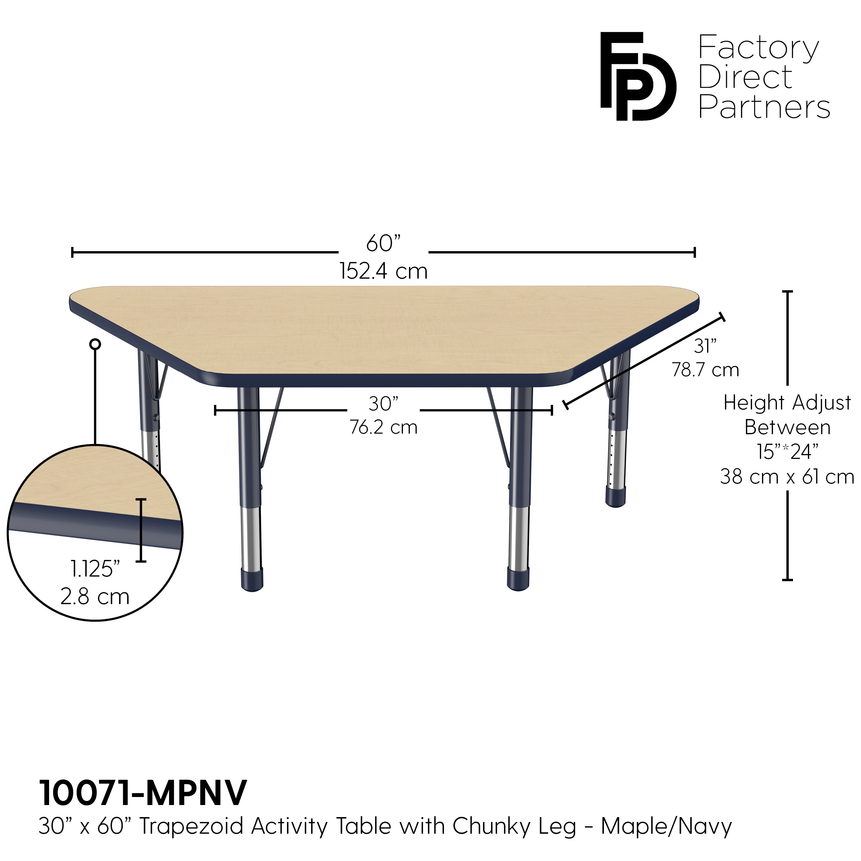 30" x 60" Trapezoid T-Molding Activity Table with Adjustable Chunky Legs - Maple/Navy