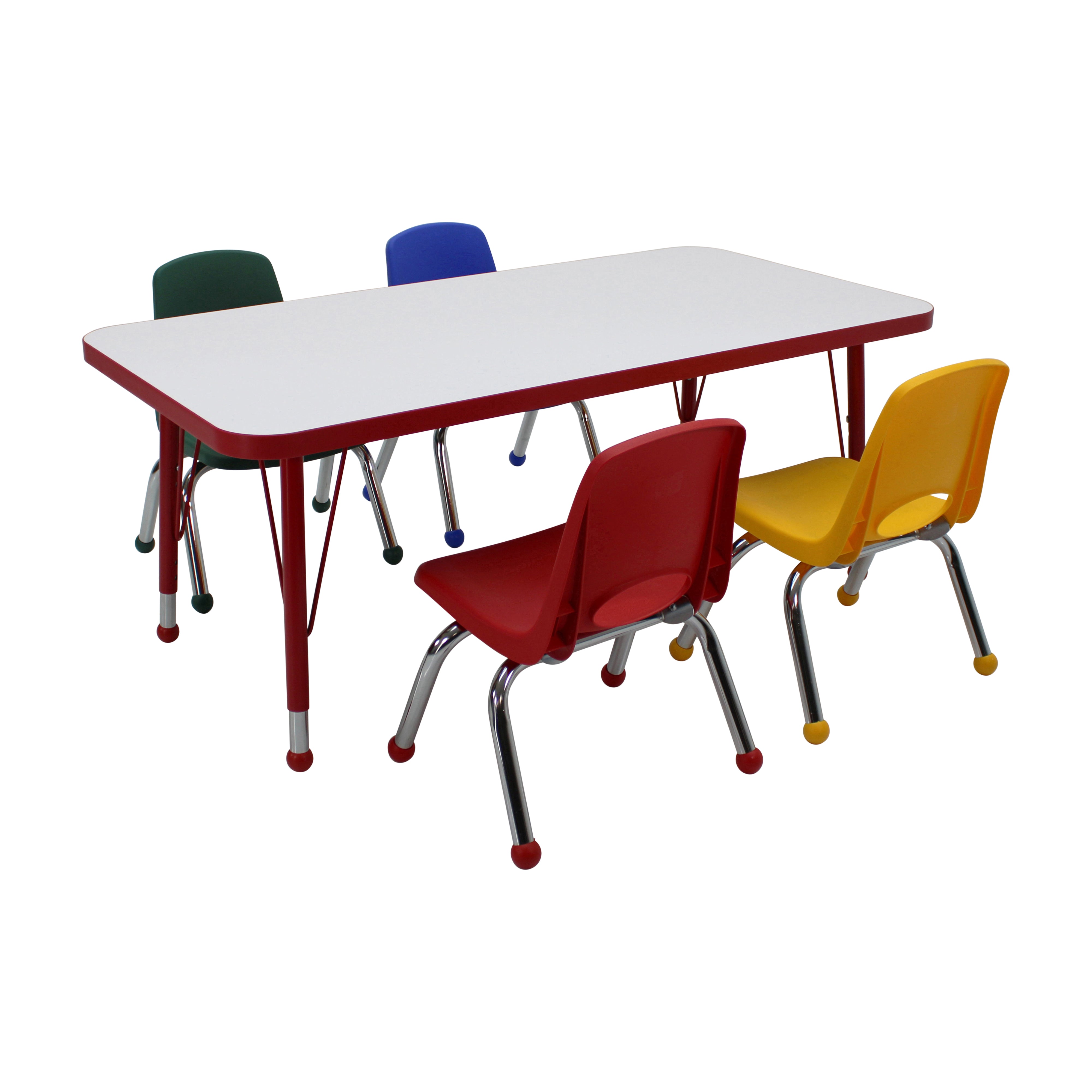 24" x 48" Rectangle Dry-Erase Activity Table with Standard Legs and 10" Stack Chairs with Ball Glides, 5-Piece Set - Whiteboard/Red/Assorted