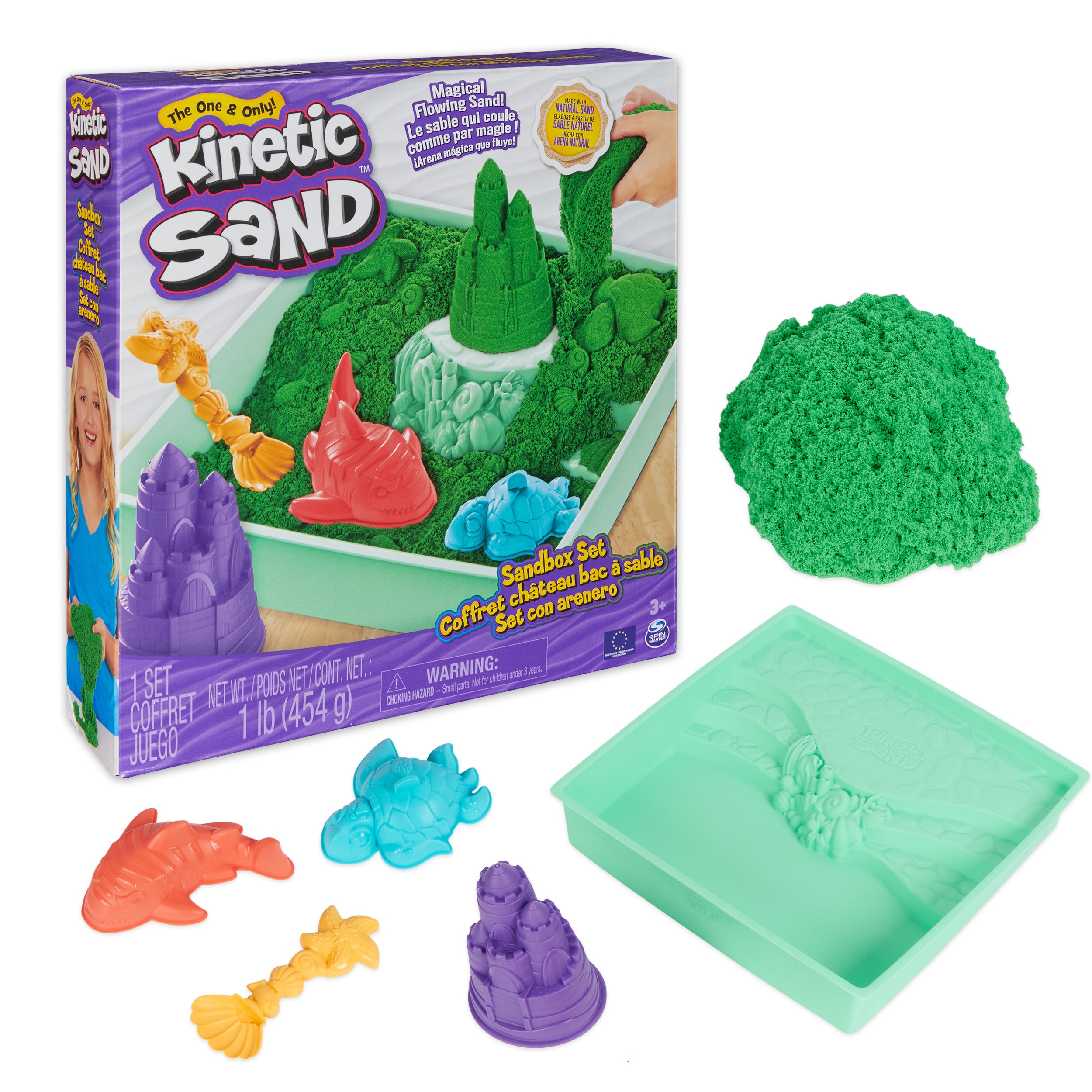 Kinetic Sand, Sandbox Set with 1lb Green Play Sand, 4 Tools & Molds, Storage, Sensory Toys for Kids Ages 3 and up