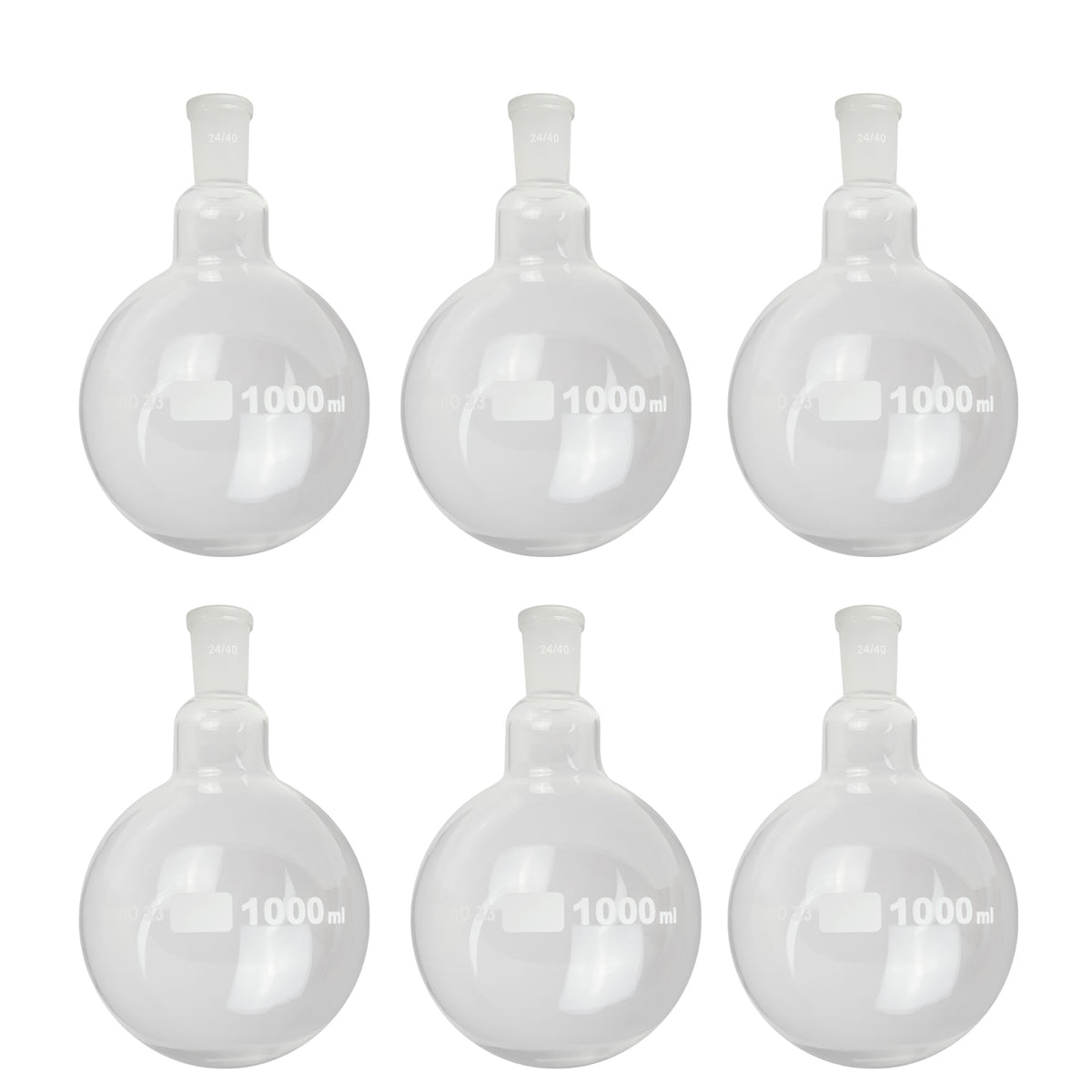 Flask, Boiling, Borosilicate Glass, Round-Bottom, 1000ml, 24/40 Ground Glass Joint, Pack of 6