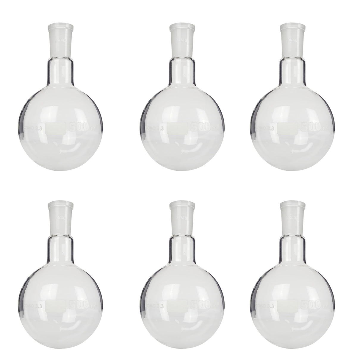 Flask, Boiling, Borosilicate Glass, Round-Bottom, 500ml, 24/40 Ground Glass Joint, Pack of 6