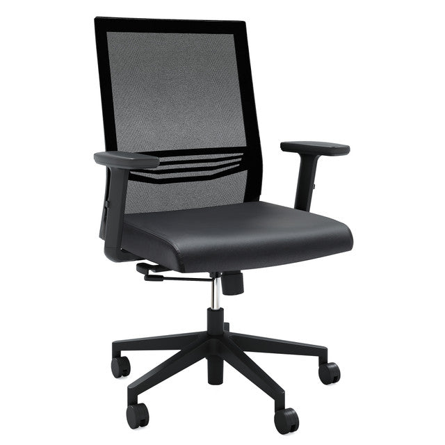 OfficeSource Oslo Mid Back Mesh Task Chair with Adjustable Arms - Black PU Leather