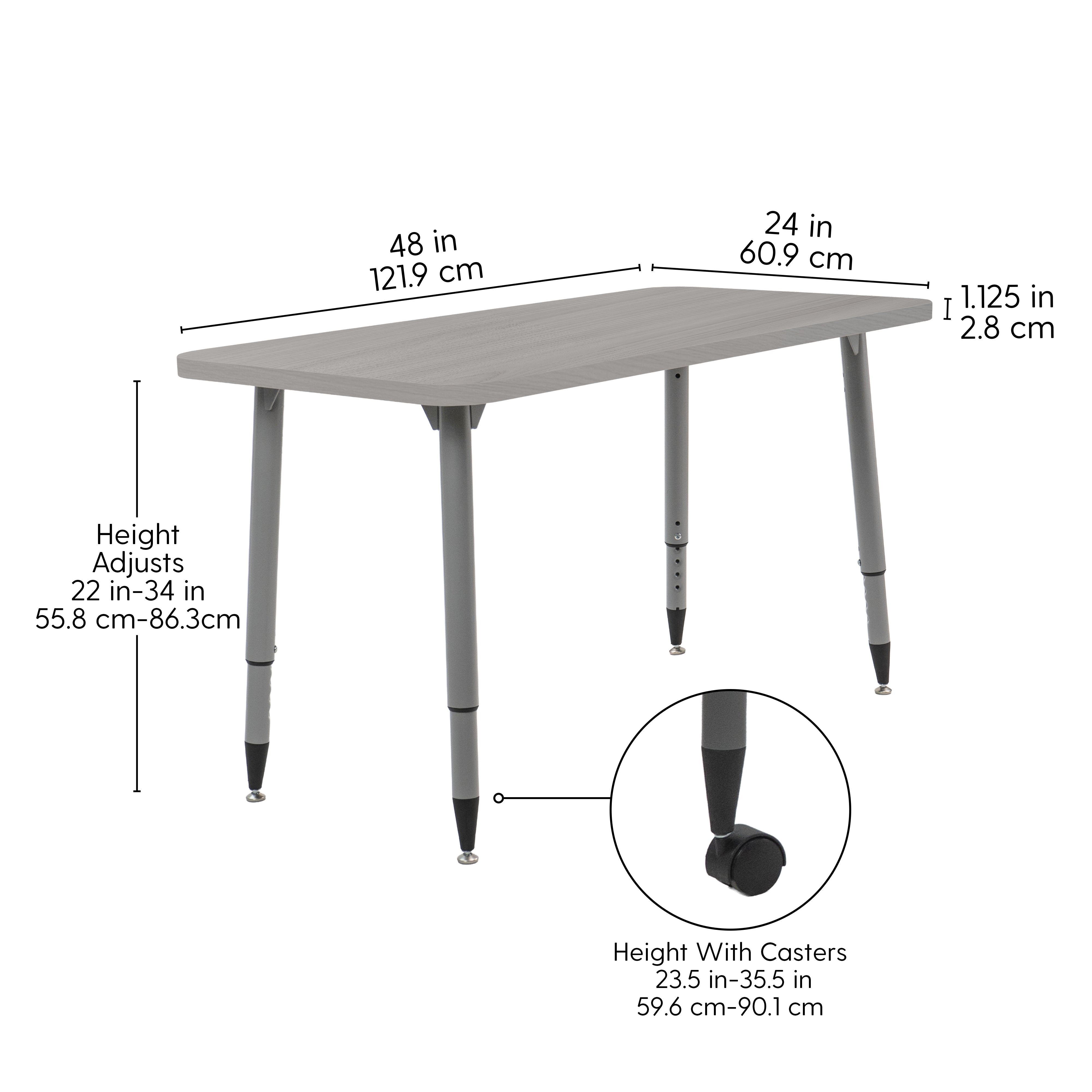 Adapte 24" x 48" Rectangle Woodgrain Activity Table with Adjustable Tapered Legs - Light Gray Wood/Silver