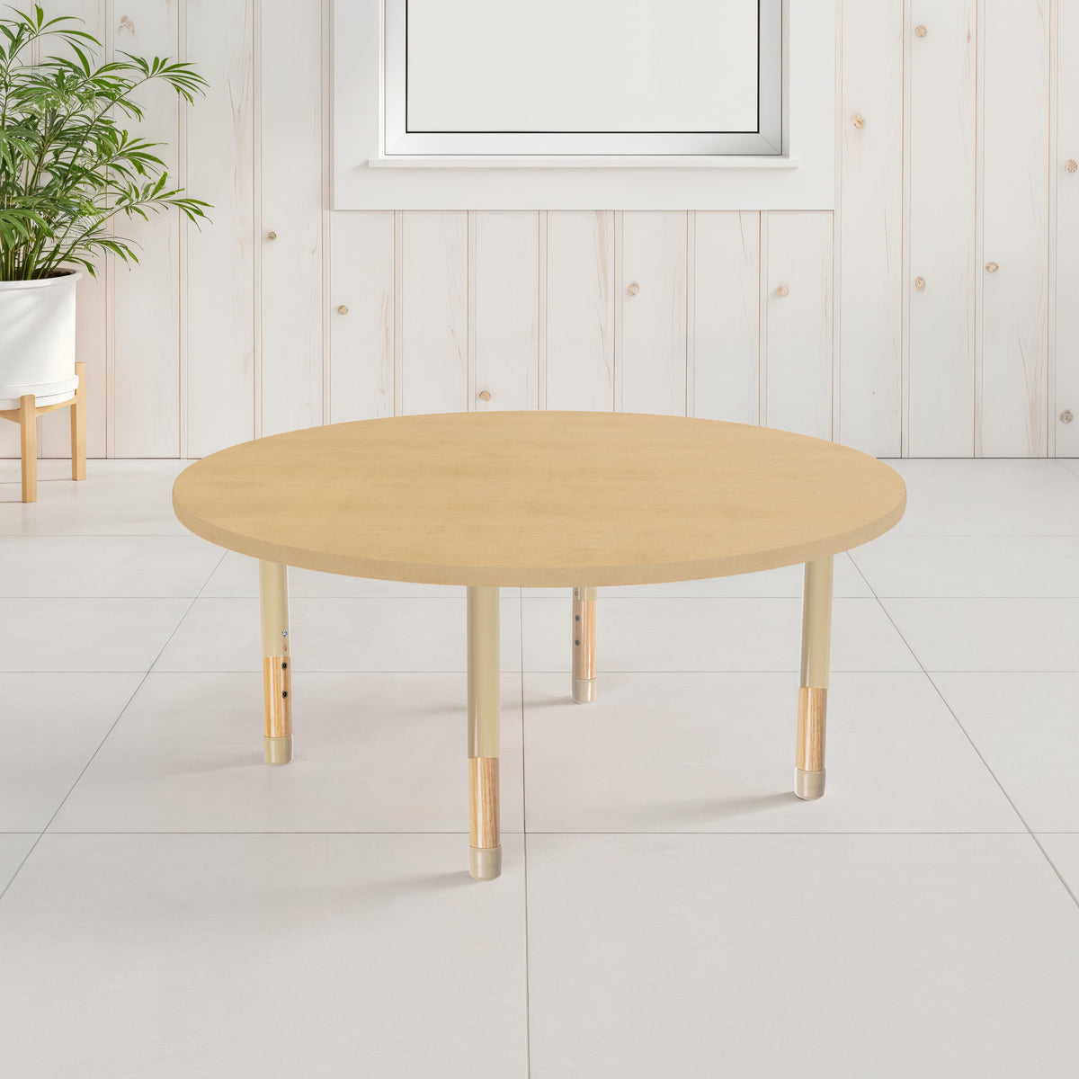 48" x 48" Round Thermofused Activity Table with Adjustable Chunky Wood Legs - Maple Grain/Sand/Natural