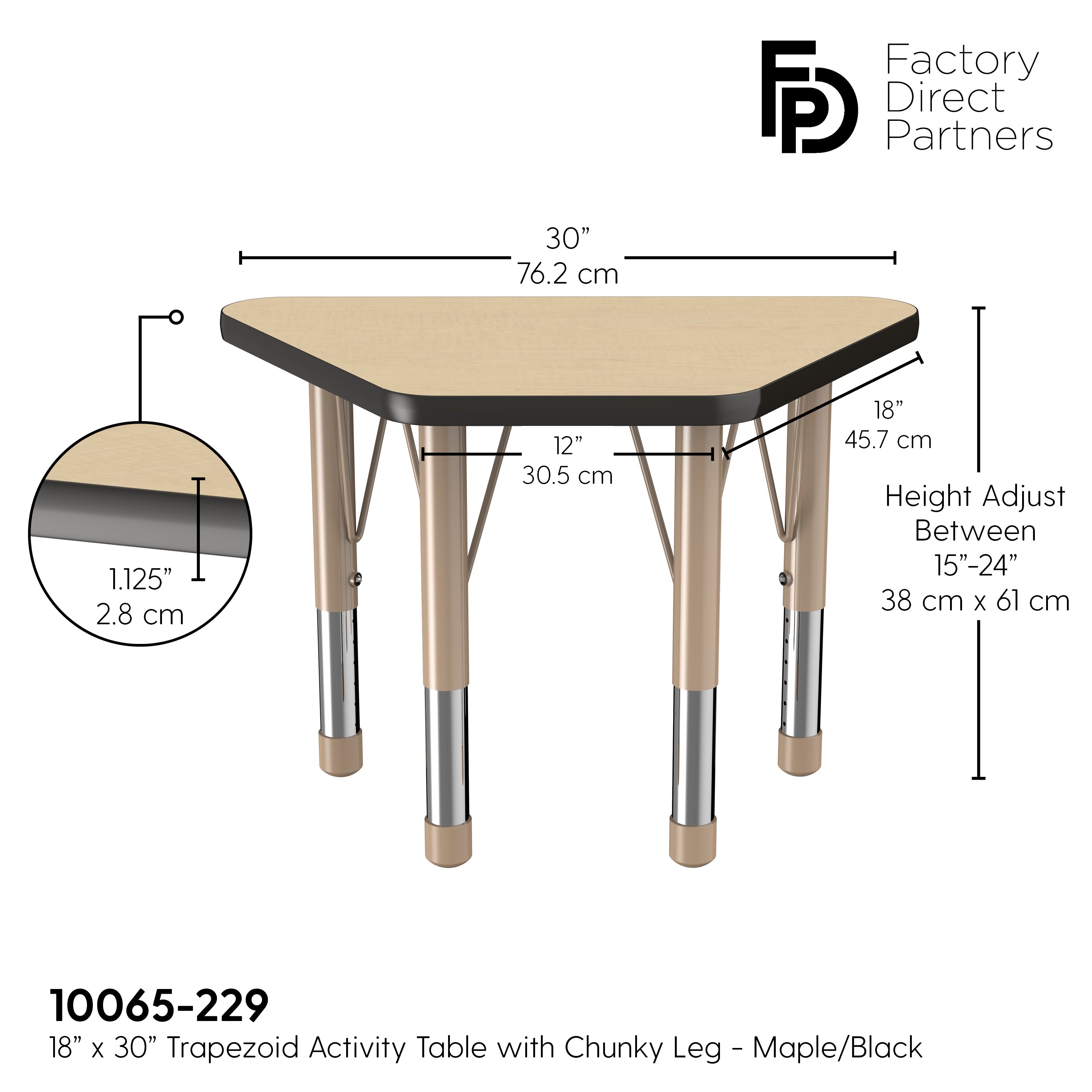 18" x 30" Trapezoid T-Molding Activity Table with Adjustable Chunky Legs - Maple/Black/Sand