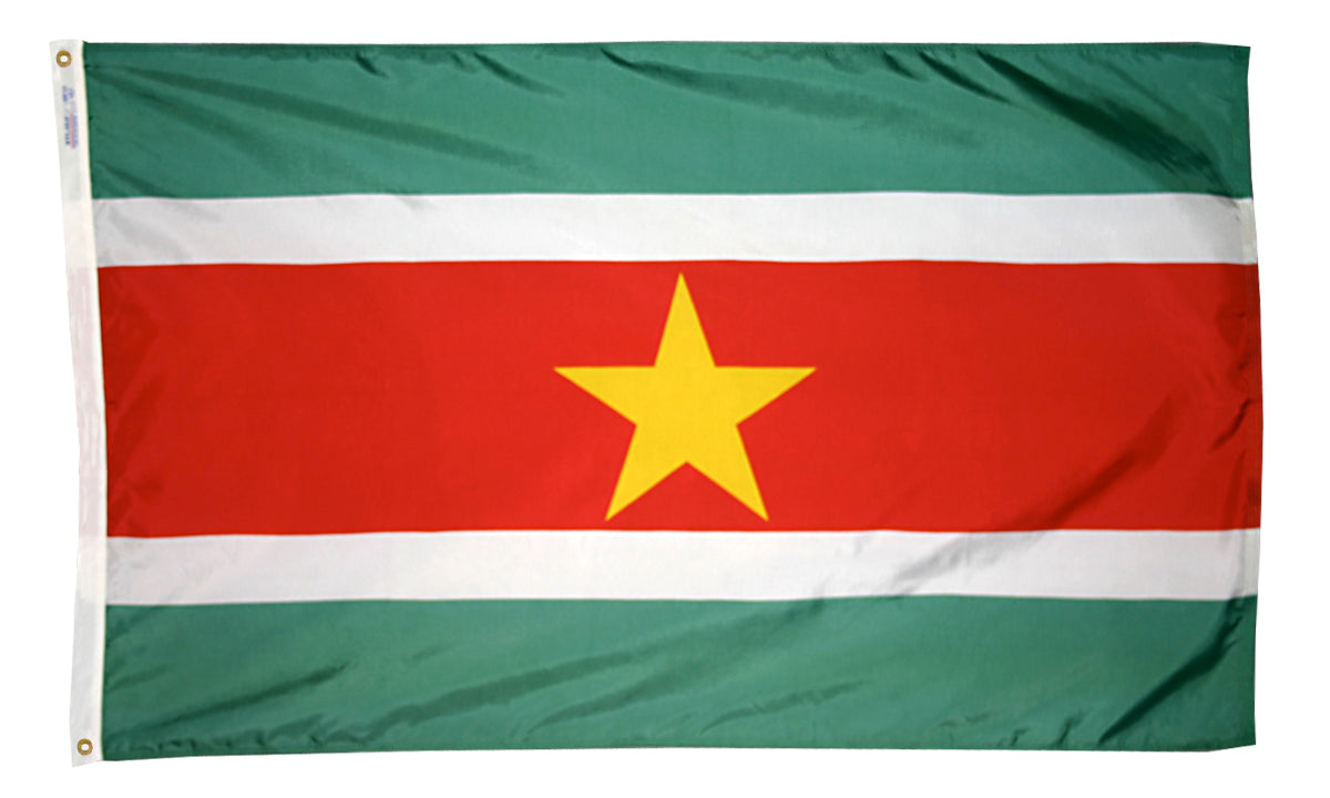 Suriname Flag 5x8 ft. Nylon SolarGuard Nyl-Glo 100% Made in USA to Official United Nations Design Specifications.