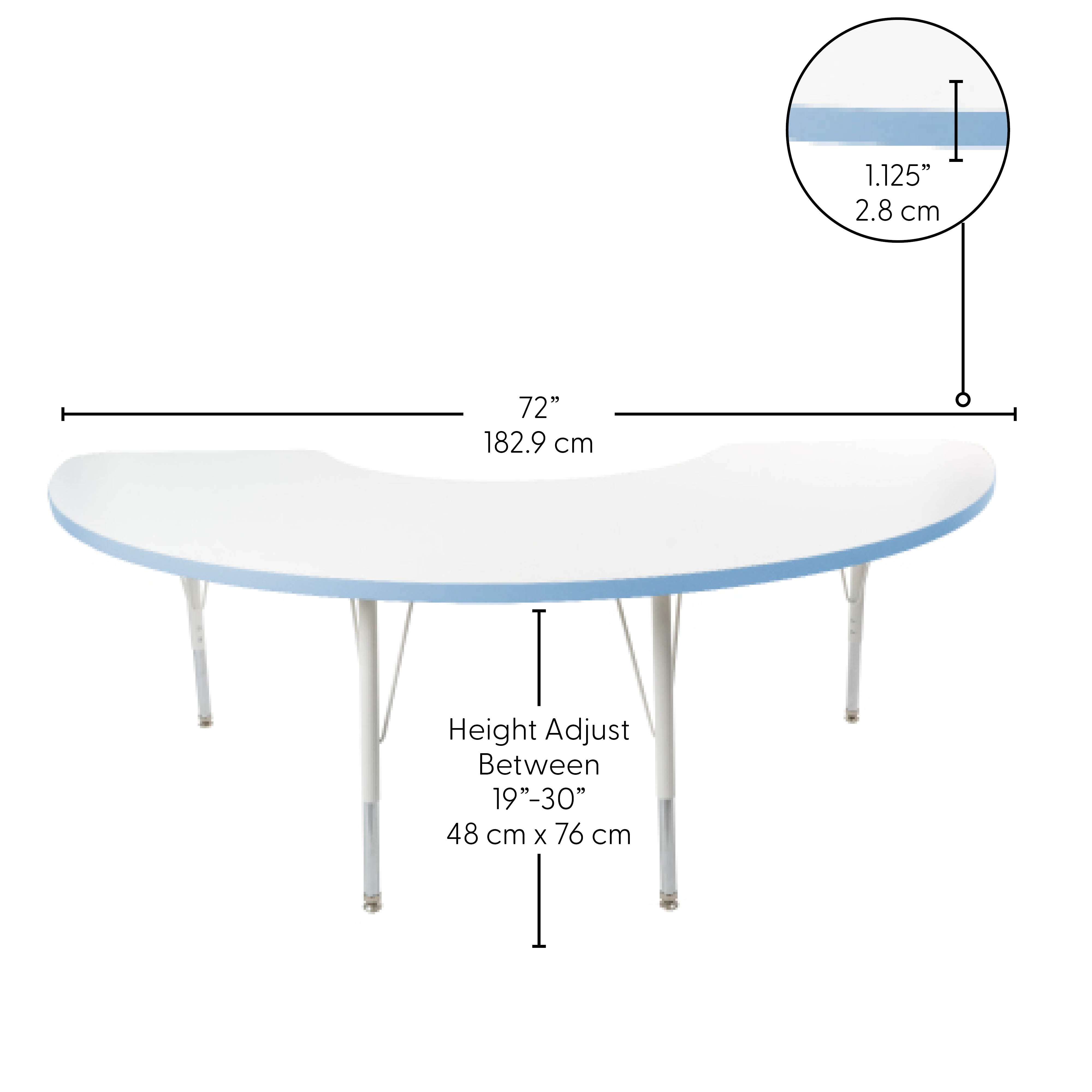 36" x 72" Half Moon Thermofused Activity Table with Adjustable Standard Swivel Glide Legs - White/Powder Blue/White