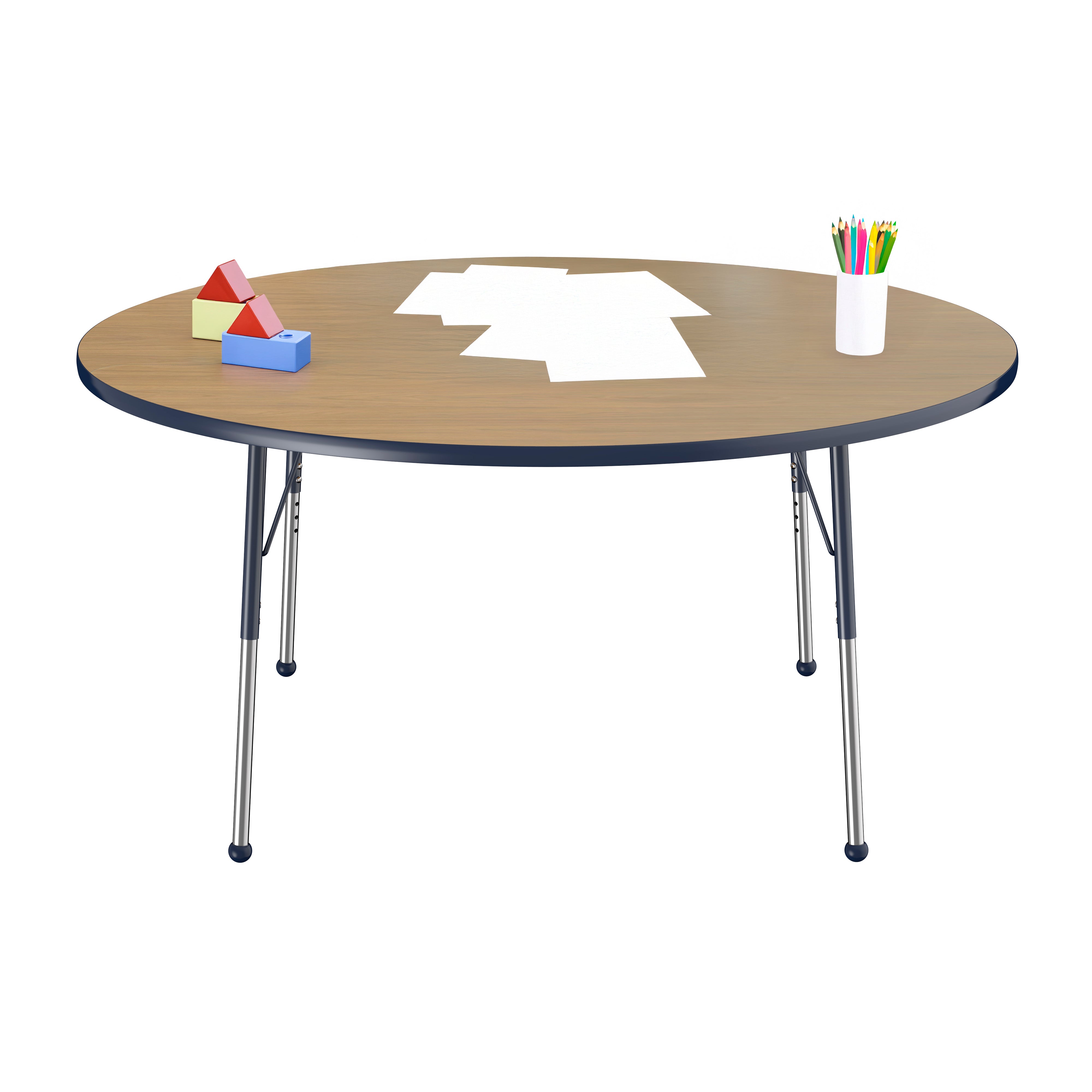 60" Round T-Molding Activity Table with Adjustable Standard Ball Glide Legs - Pasadena Oak/Navy