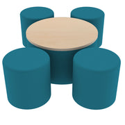 Pro Series 30" Round Ottoman Table with Round 18" H Seating, 5-Piece Set - Teal/Maple
