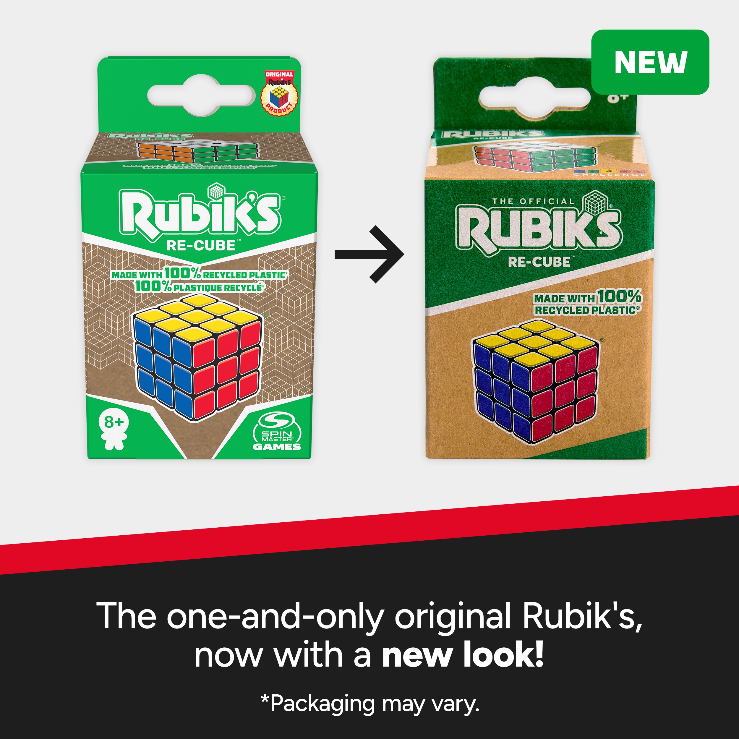 Rubik's Cube, Re-Cube, The Original 3x3 Cube Made with 100% Recycled Plastic, Problem-Solving Brain Teaser, Color-Matching Puzzle, Fidget Toy, Sensory Puzzle, for Ages 8 & Up
