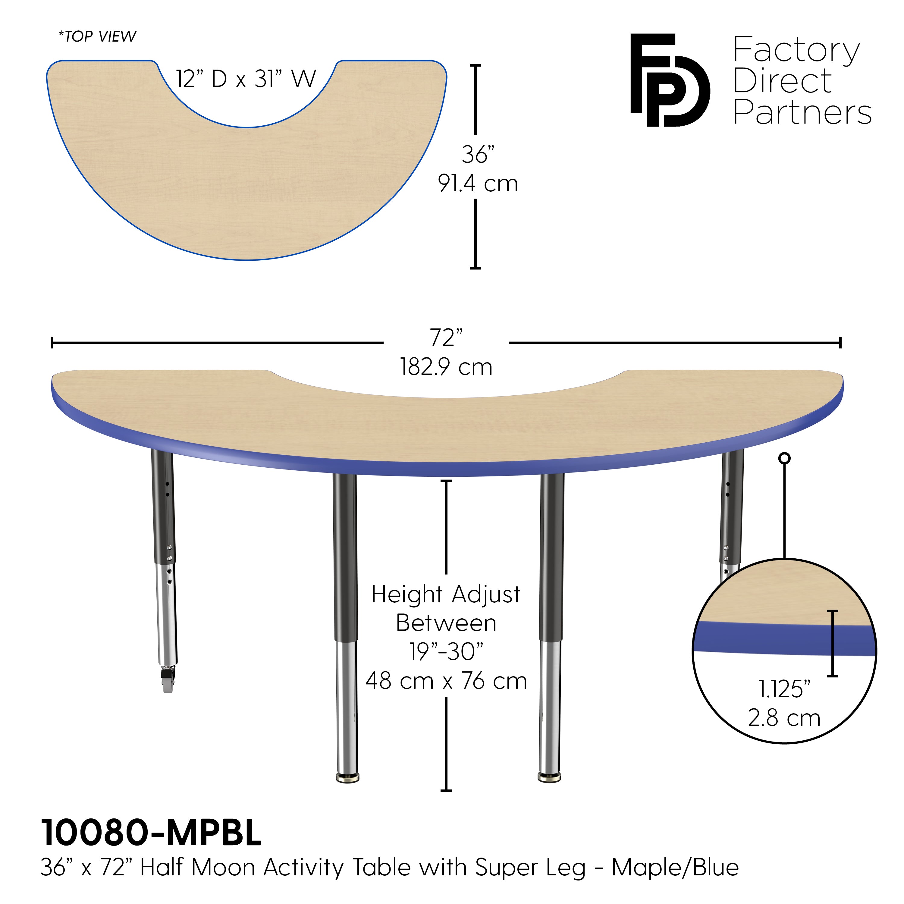 36" x 72" Half Moon T-Molding Activity Table with Adjustable Super Legs - Maple/Blue/Black