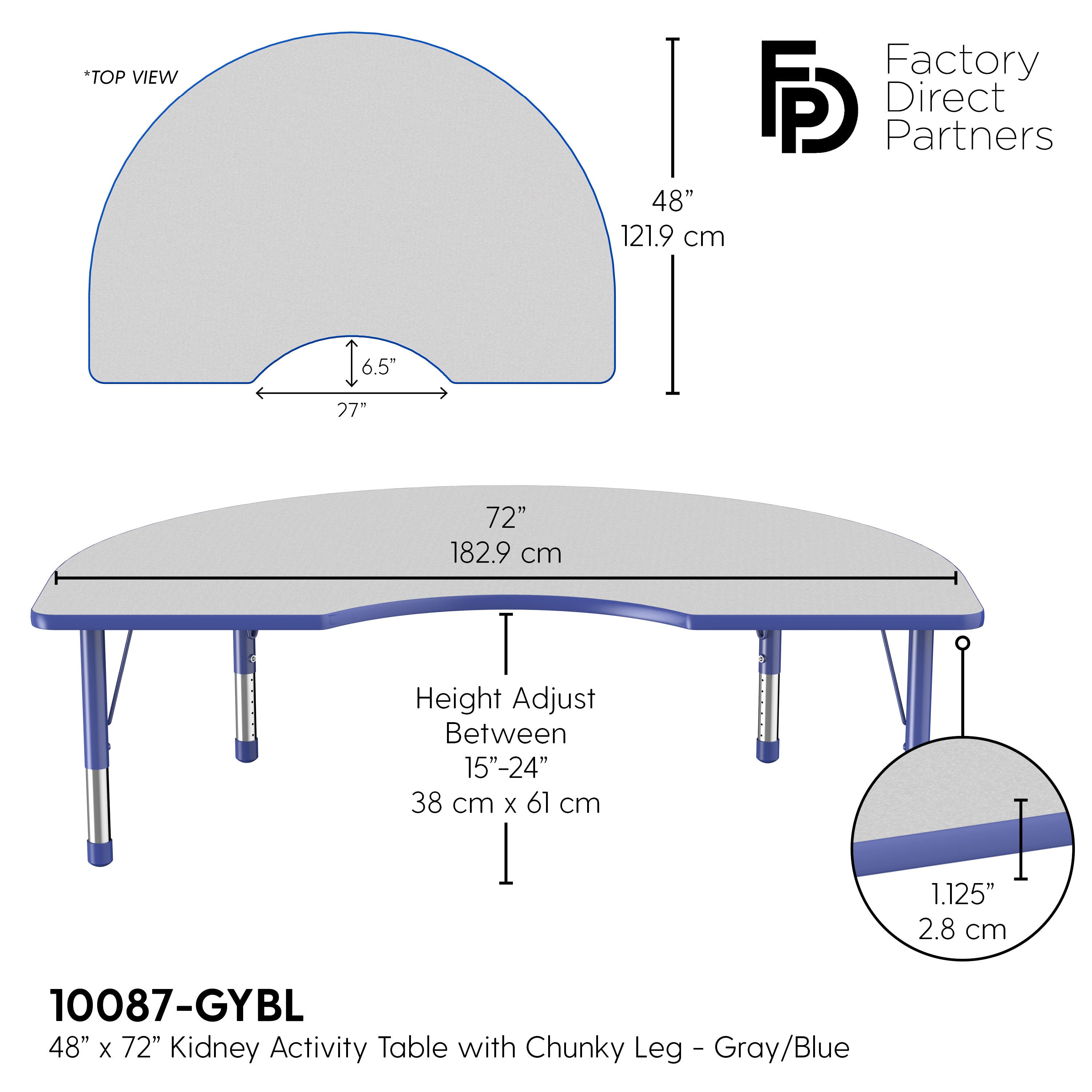 48" x 72" Kidney T-Molding Activity Table with Adjustable Chunky Legs - Gray/Blue