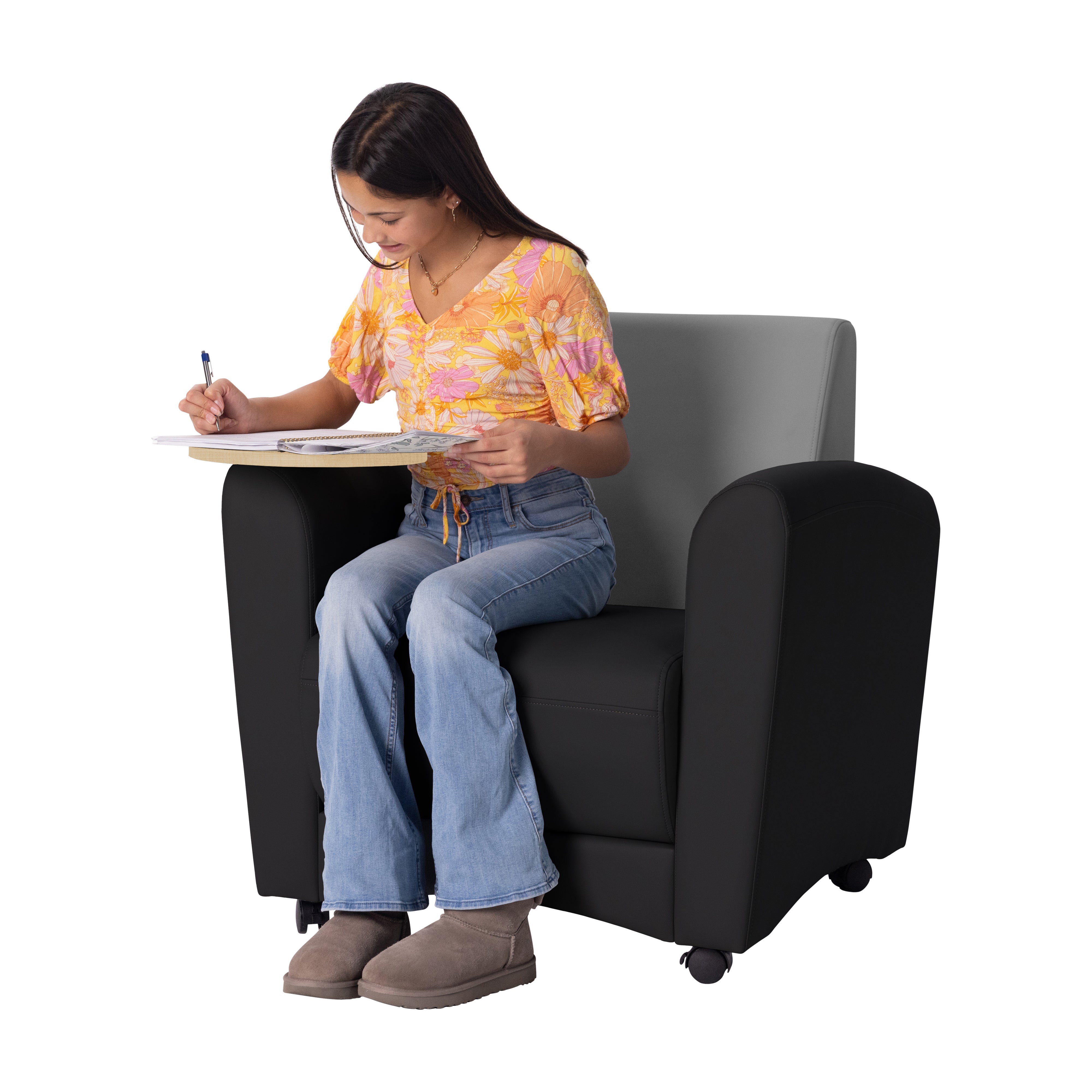 Pro Series Upholstered Common Area Chair with Tablet - Black/Gray/Maple Grain