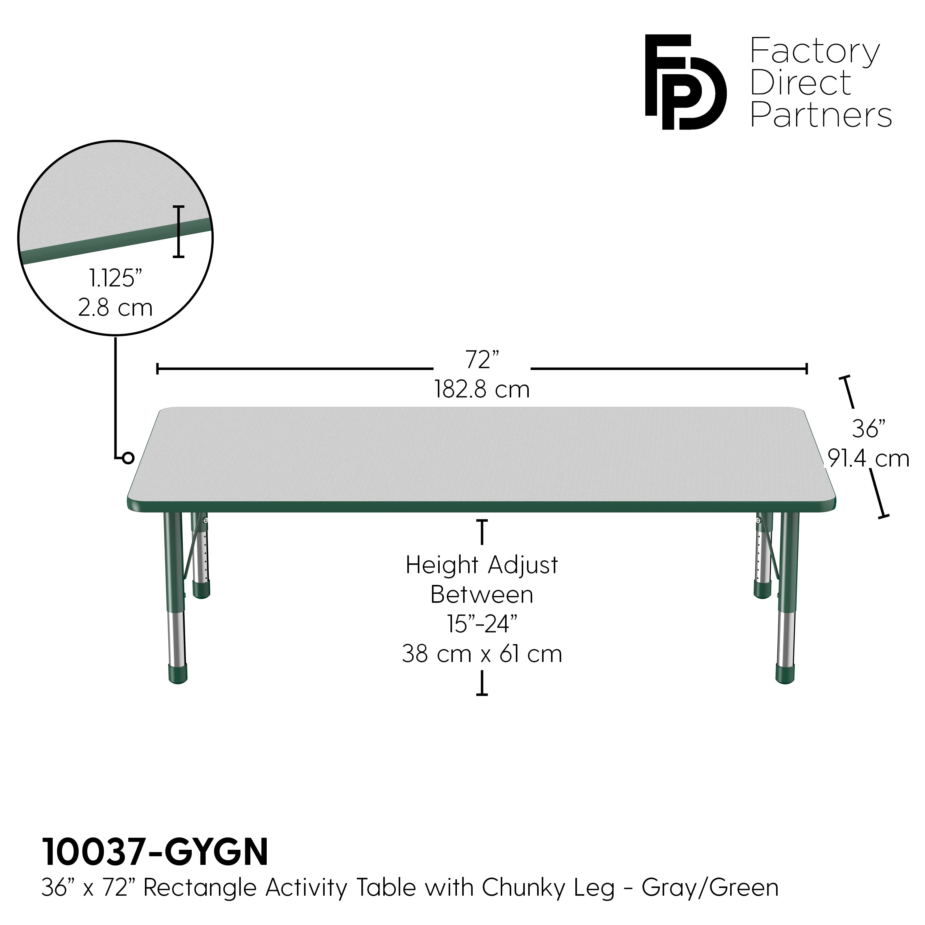 36" x 72" Rectangle T-Molding Activity Table with Adjustable Chunky Legs - Gray/Green