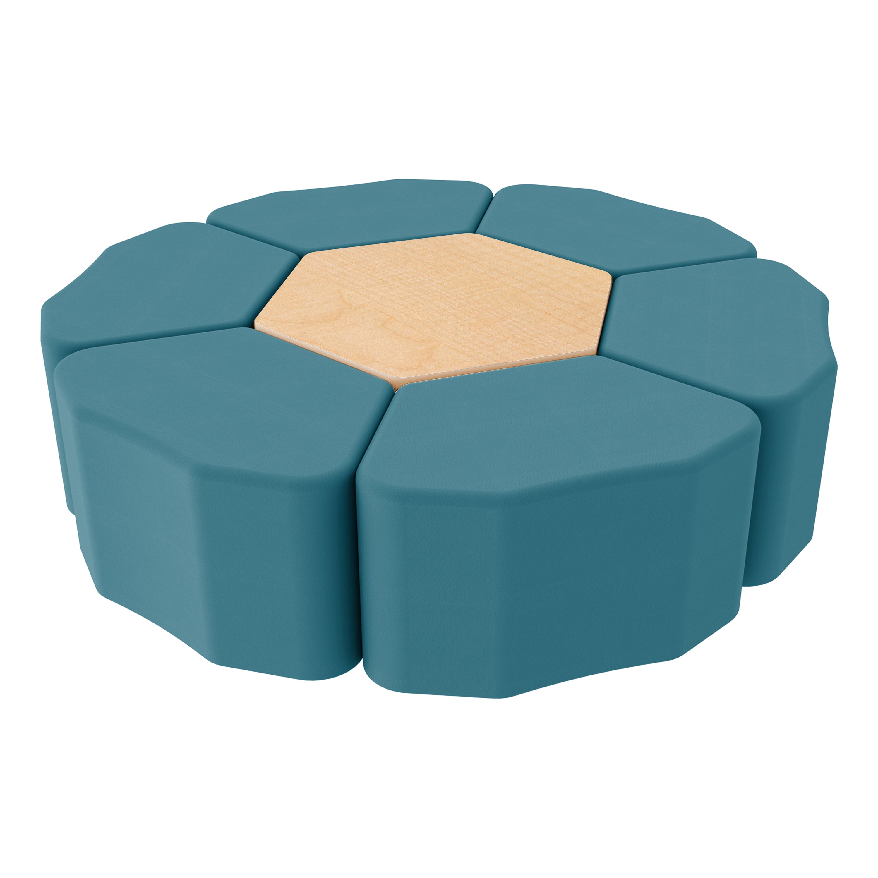 Pro Series Hexagon Ottoman Table with Petal 18" H Seating, 7-Piece Set - Teal/Maple