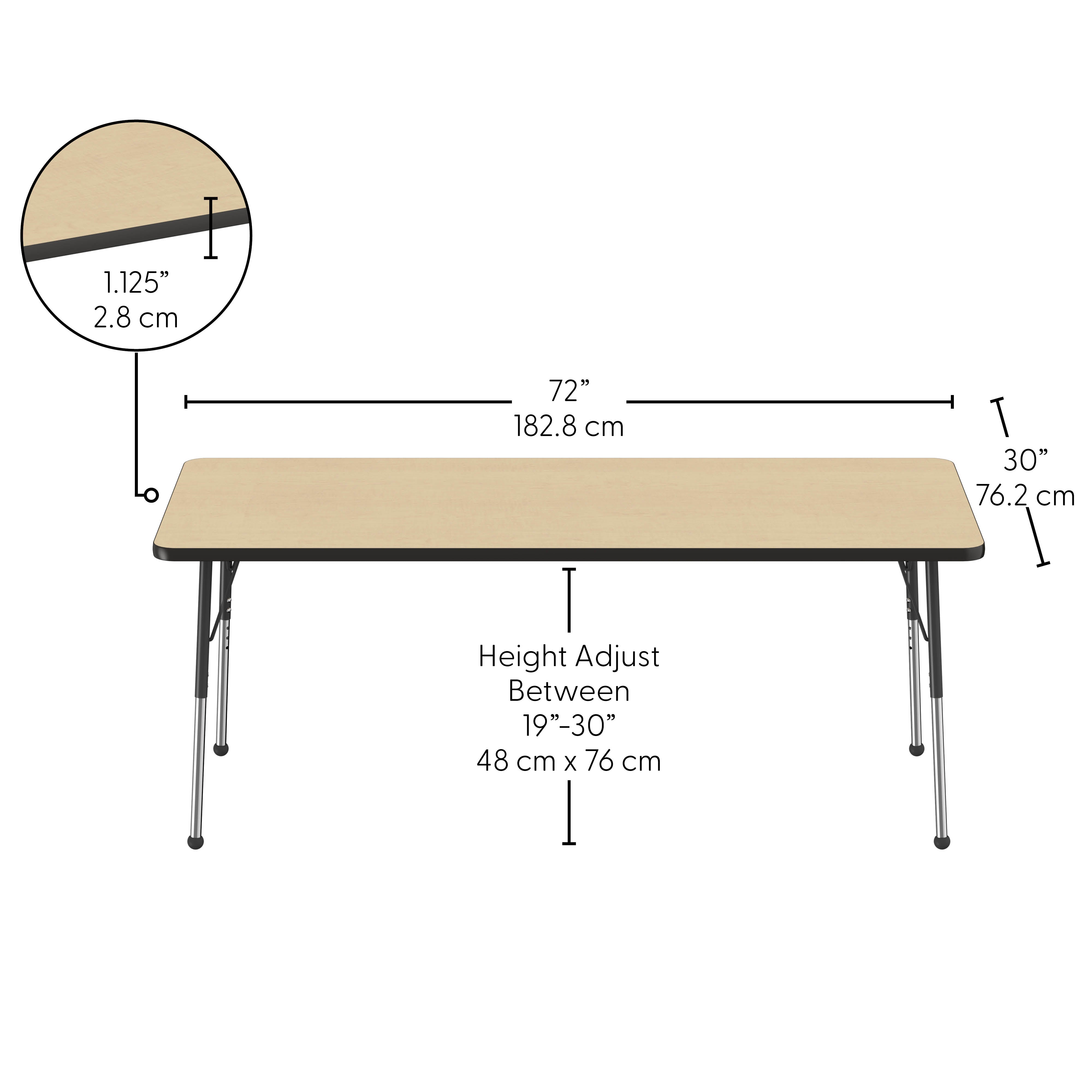 30" x 72" Rectangle Thermofused Activity Table with Adjustable Standard Ball Glide Legs - Maple/Black