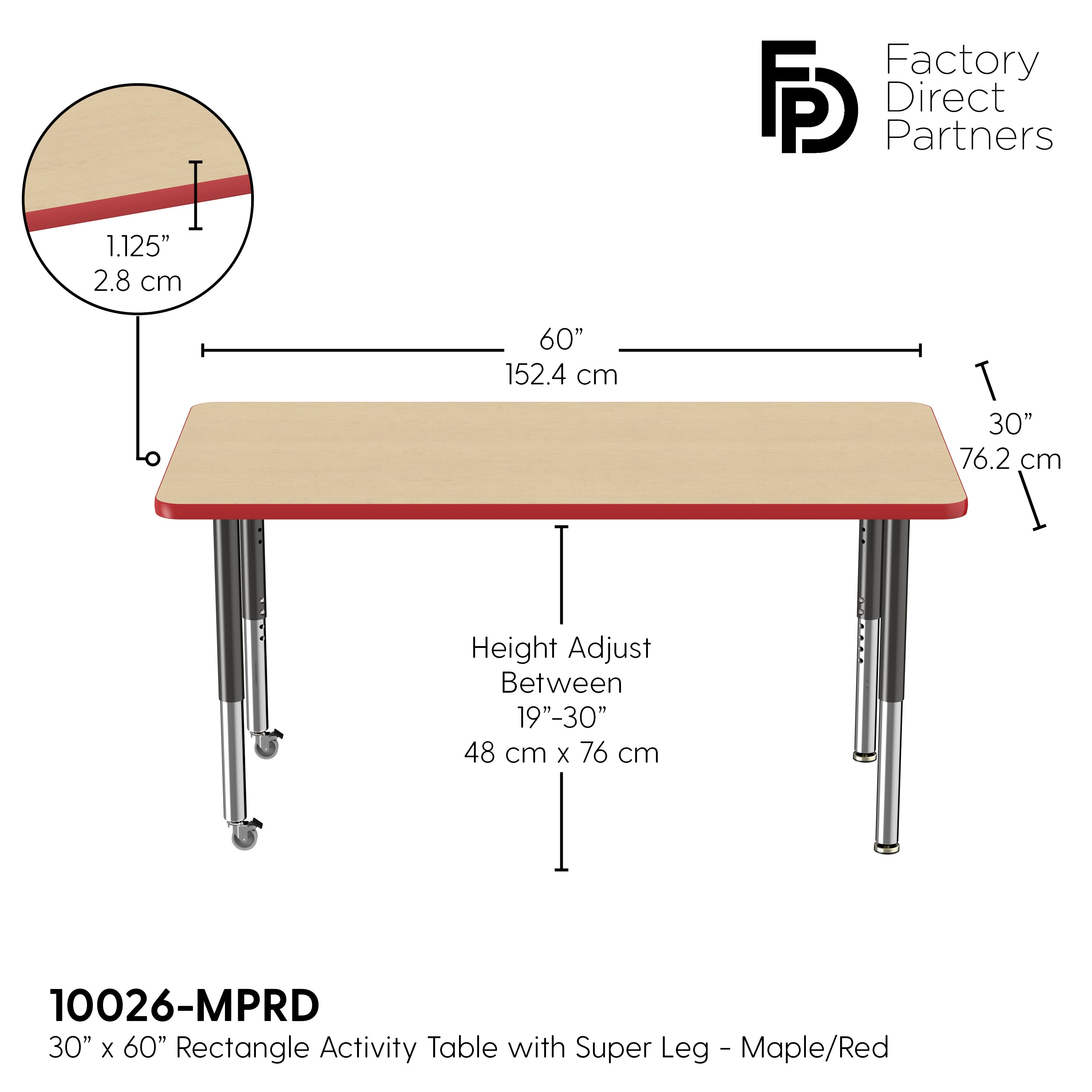 30" x 60" Rectangle T-Molding Activity Table with Adjustable Super Legs - Maple/Red/Black