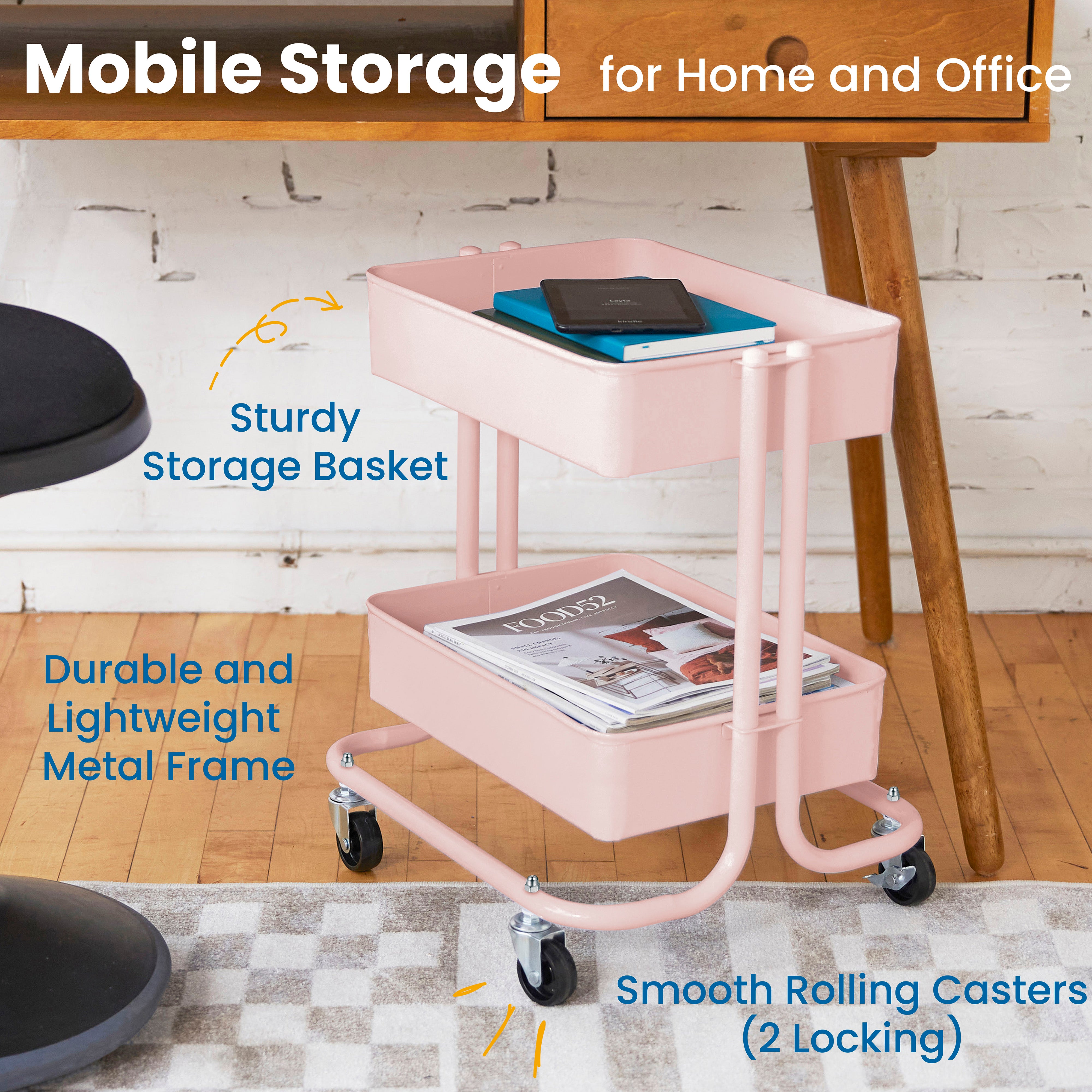 2-Tier Metal Rolling Utility Cart - Pink