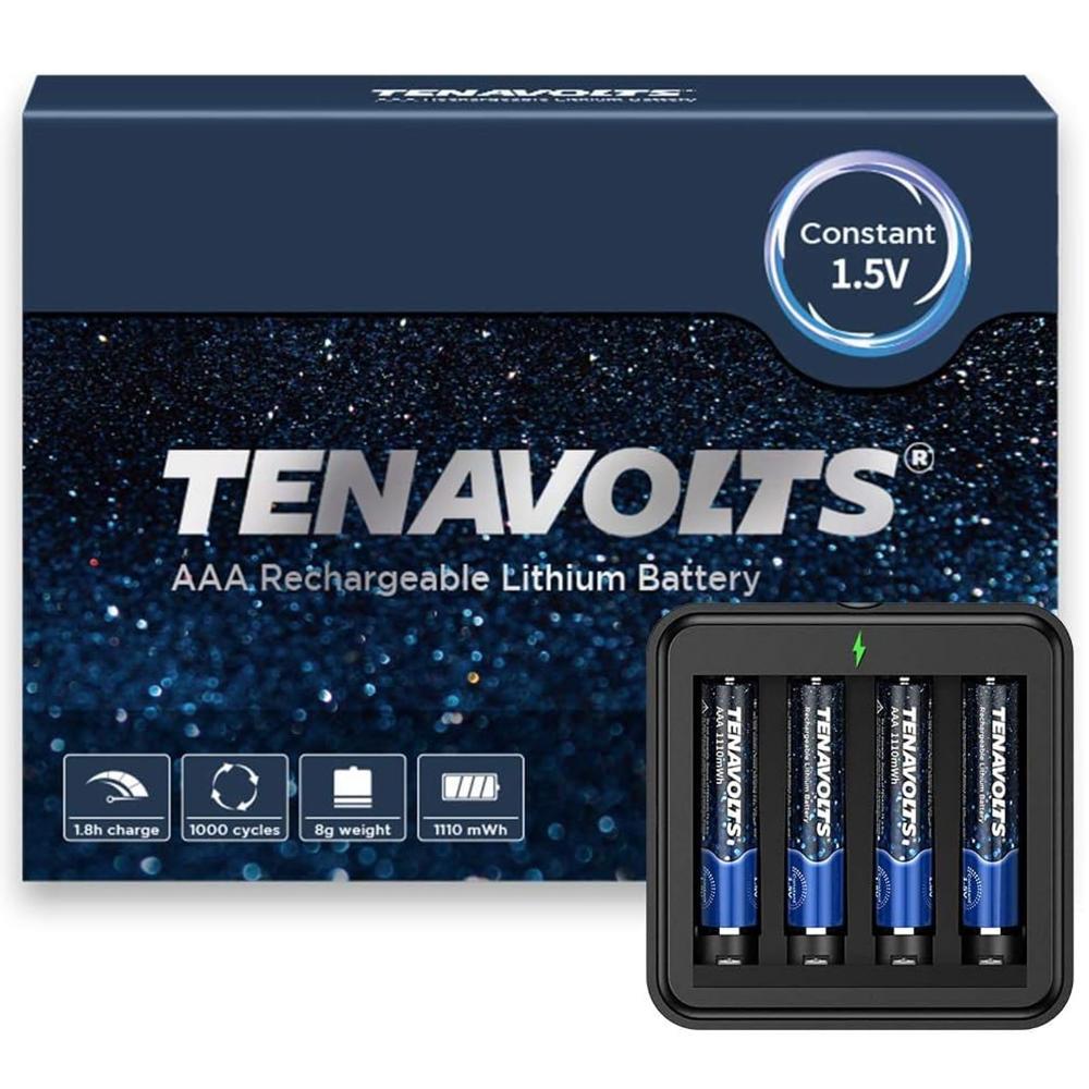 Tenavolts Tenavolts 1.5V AAA Lithium Rechargeable Battery with USB Charger, 1110 mWh (4 Count)