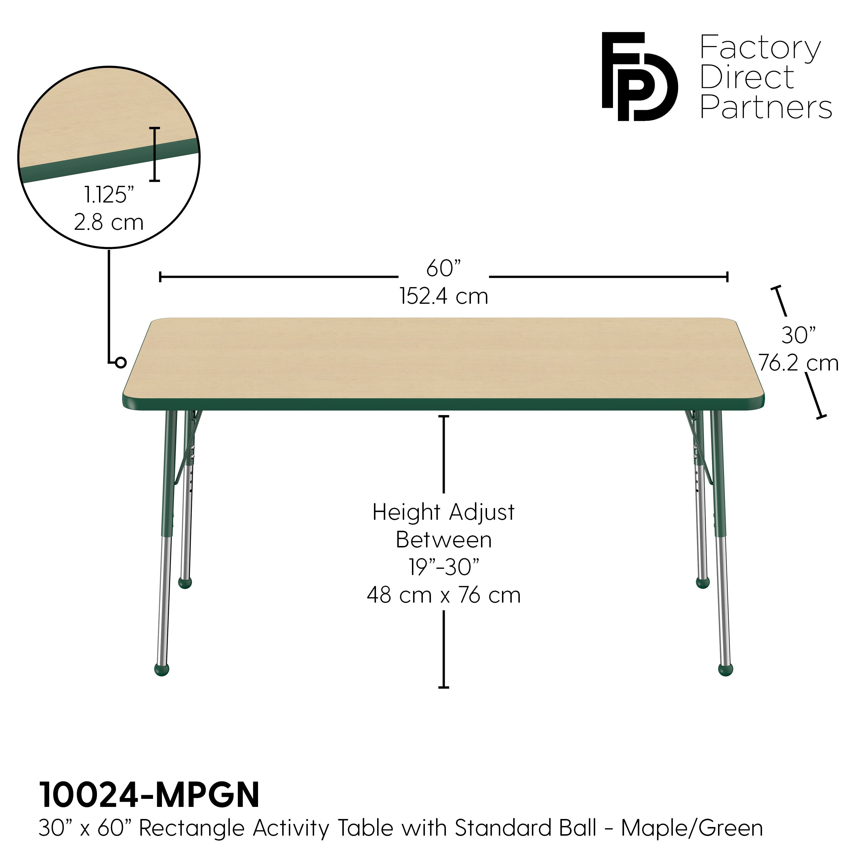 30" x 60" Rectangle T-Molding Activity Table with Adjustable Standard Ball Glide Legs - Maple/Green