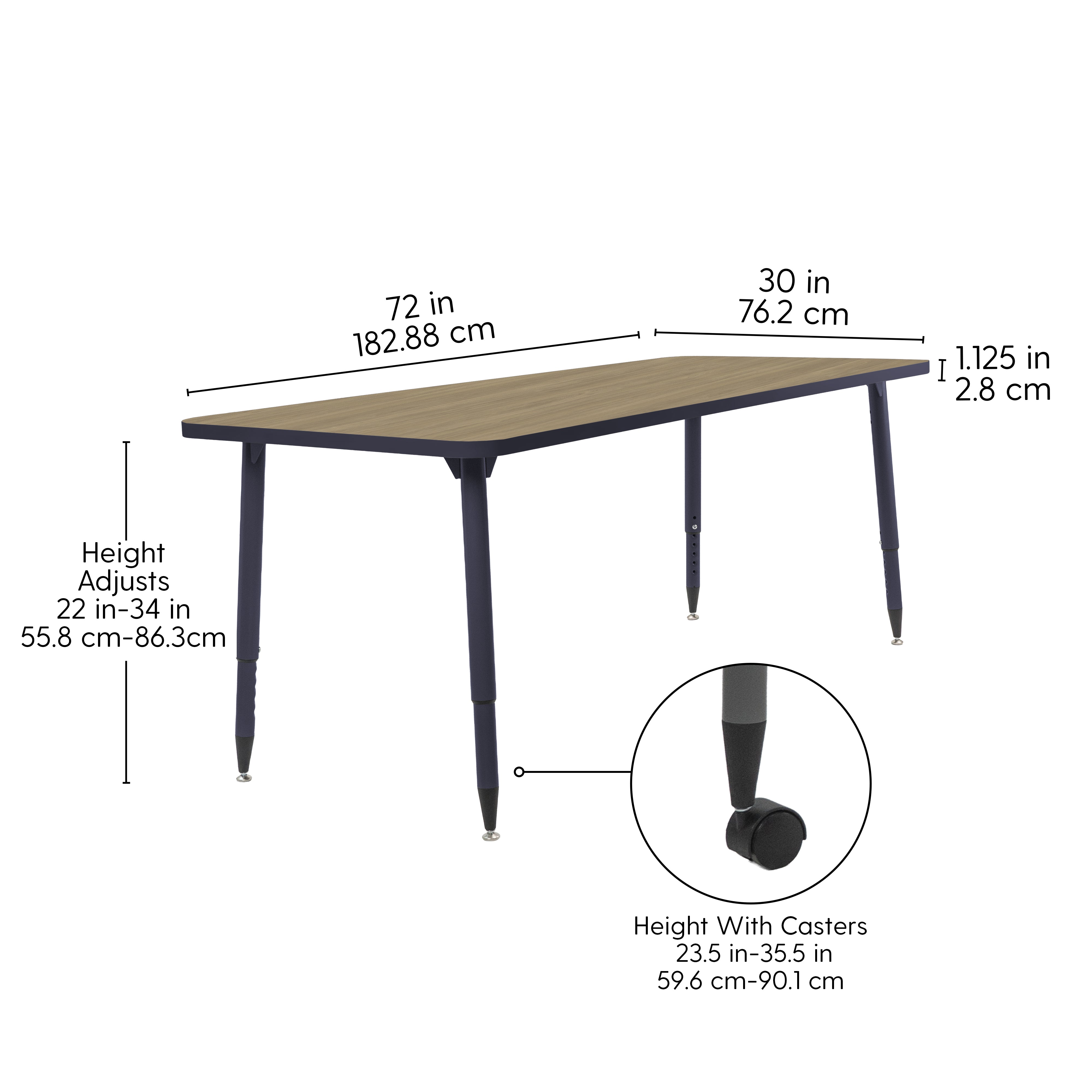 Adapte 30" x 72" Rectangle Activity Table with Adjustable Tapered Legs - Pasadena Oak/Navy