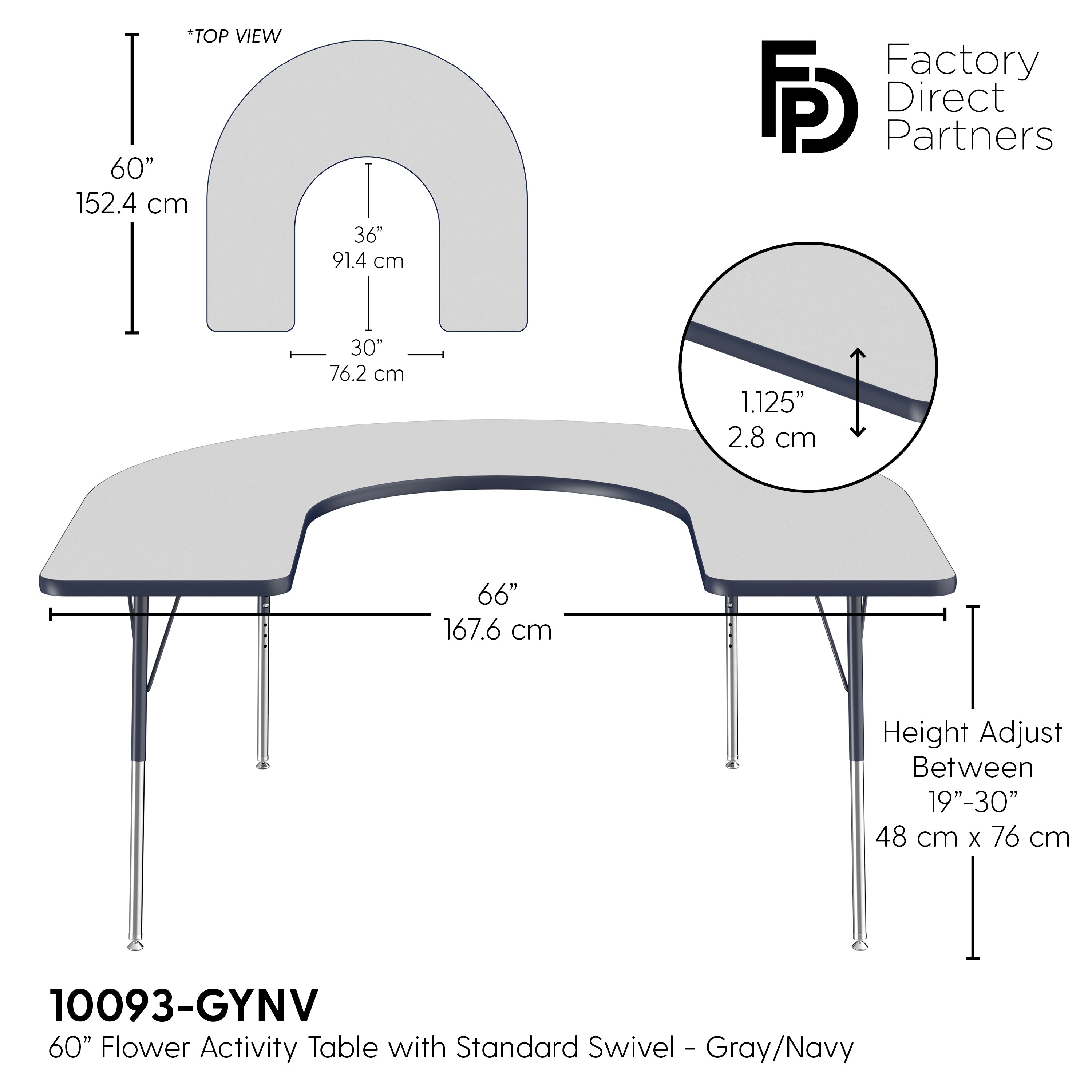 60" x 66" Horseshoe T-Molding Activity Table with Adjustable Standard Swivel Glide Legs - Gray/Navy