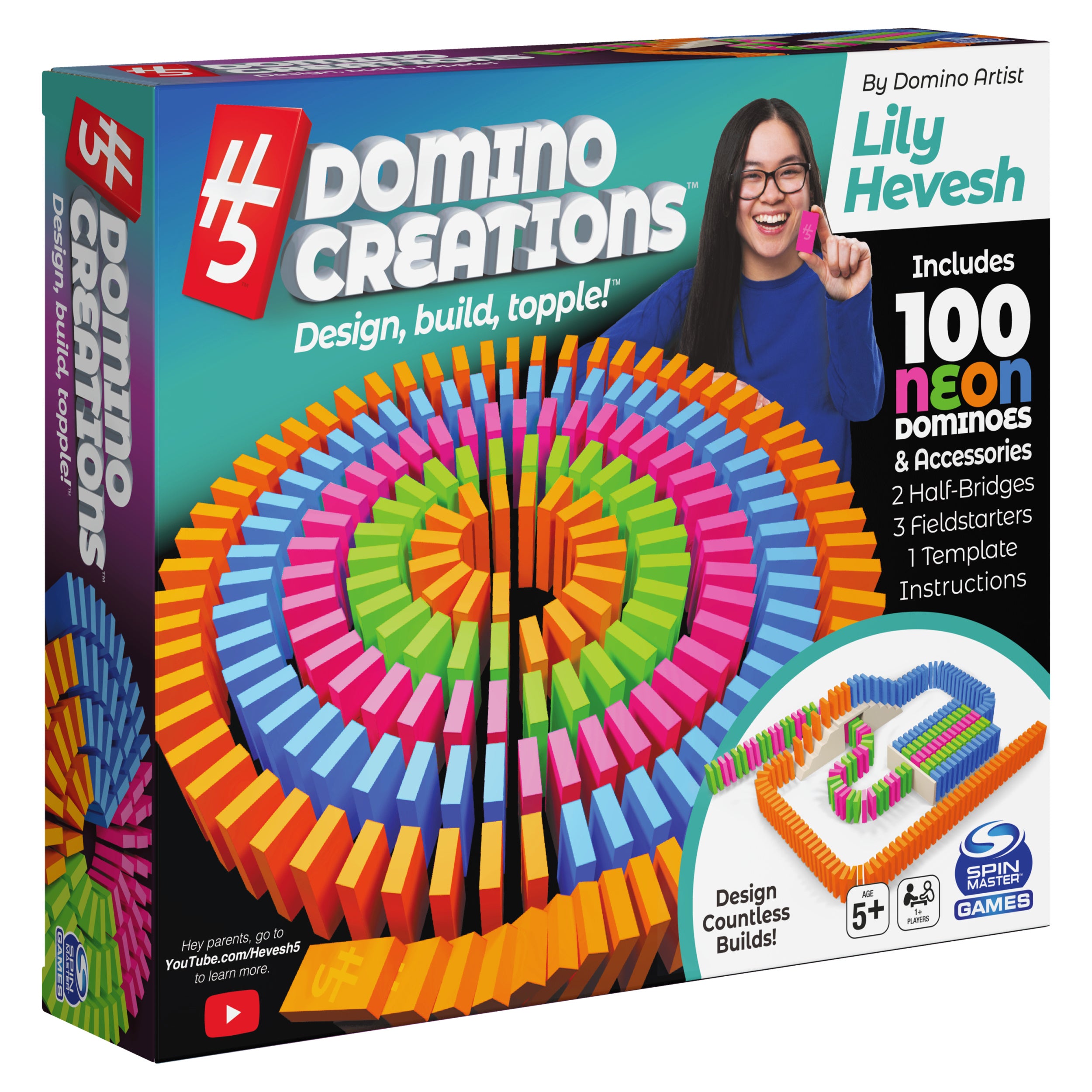 Spin Master Games, Lily Hevesh H5 Domino Creations 100-Piece Neon Dominoes Set, Building Toys for Kids & Family, Classic Activity Game, 1 & Up Players, for Ages 5 & Up
